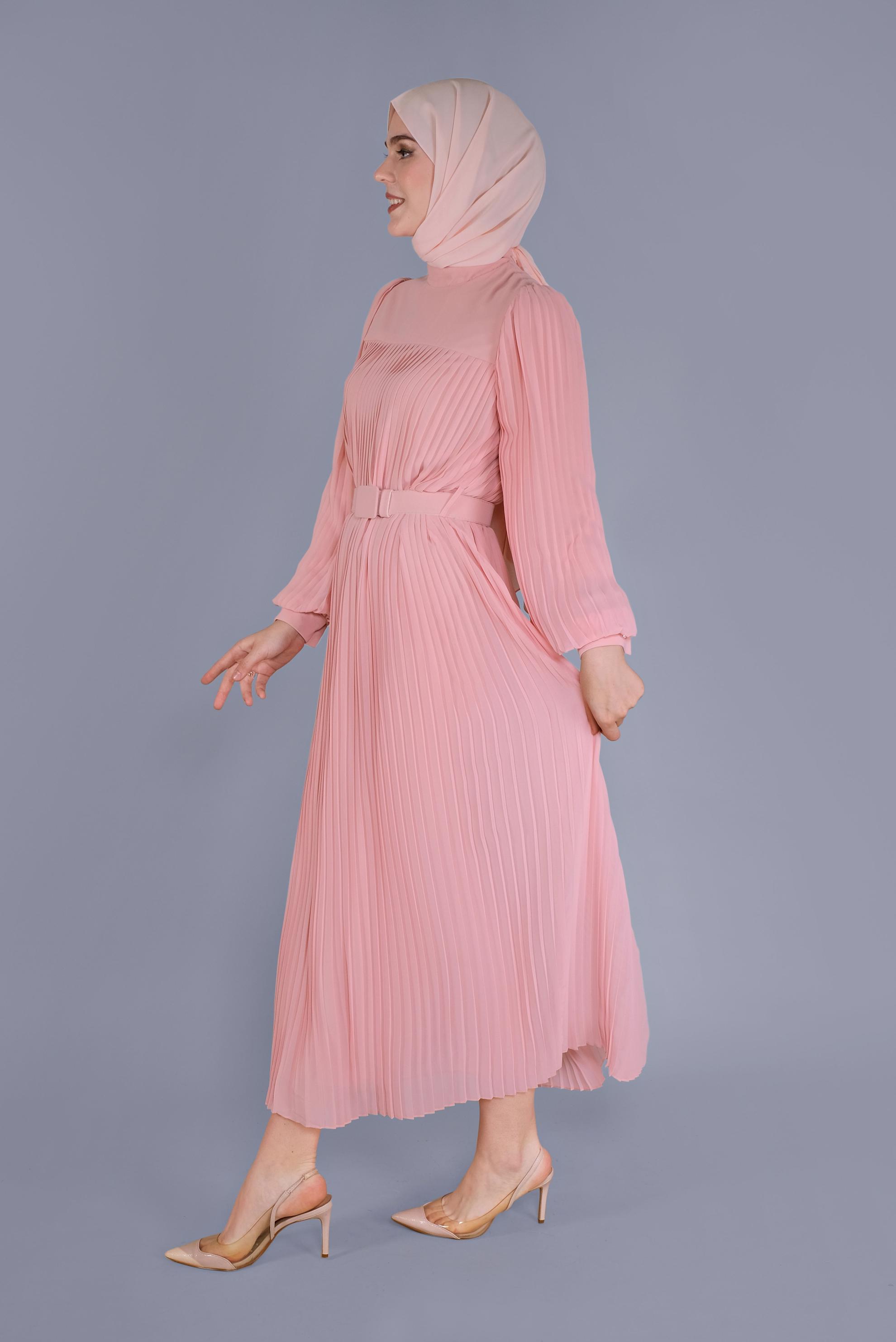 Tesettür giyim PUDRA PİLİSELİ ŞİFON ELBİSE 41537 