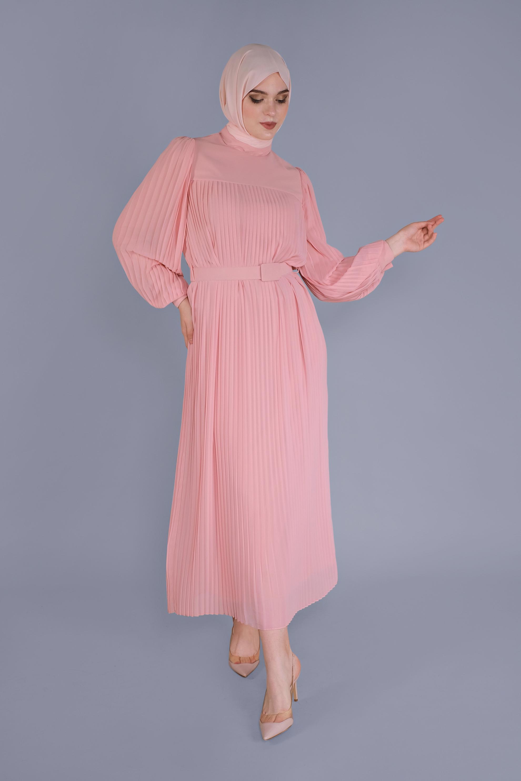 Tesettür giyim PUDRA PİLİSELİ ŞİFON ELBİSE 41537 
