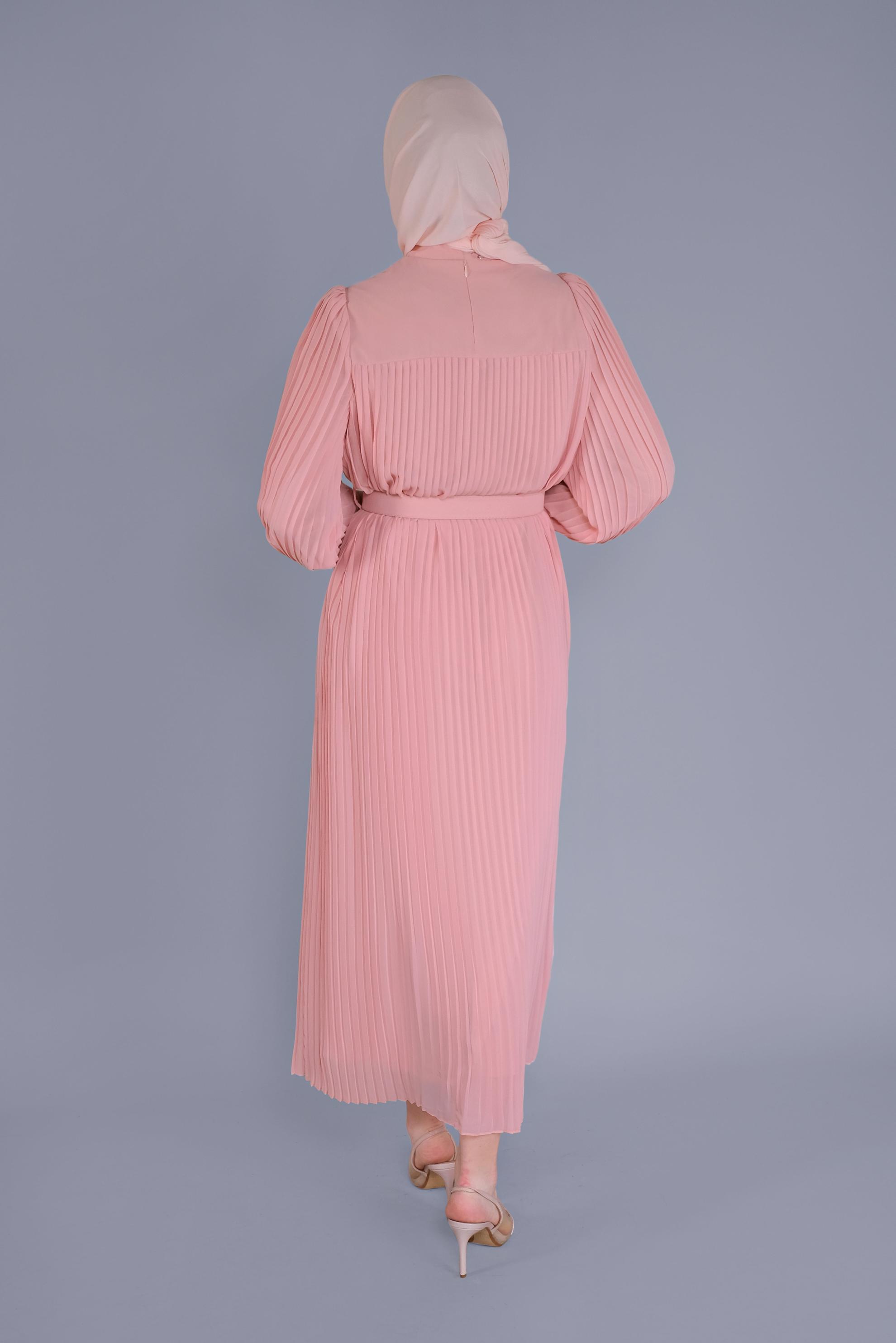 Tesettür giyim PUDRA PİLİSELİ ŞİFON ELBİSE 41537 