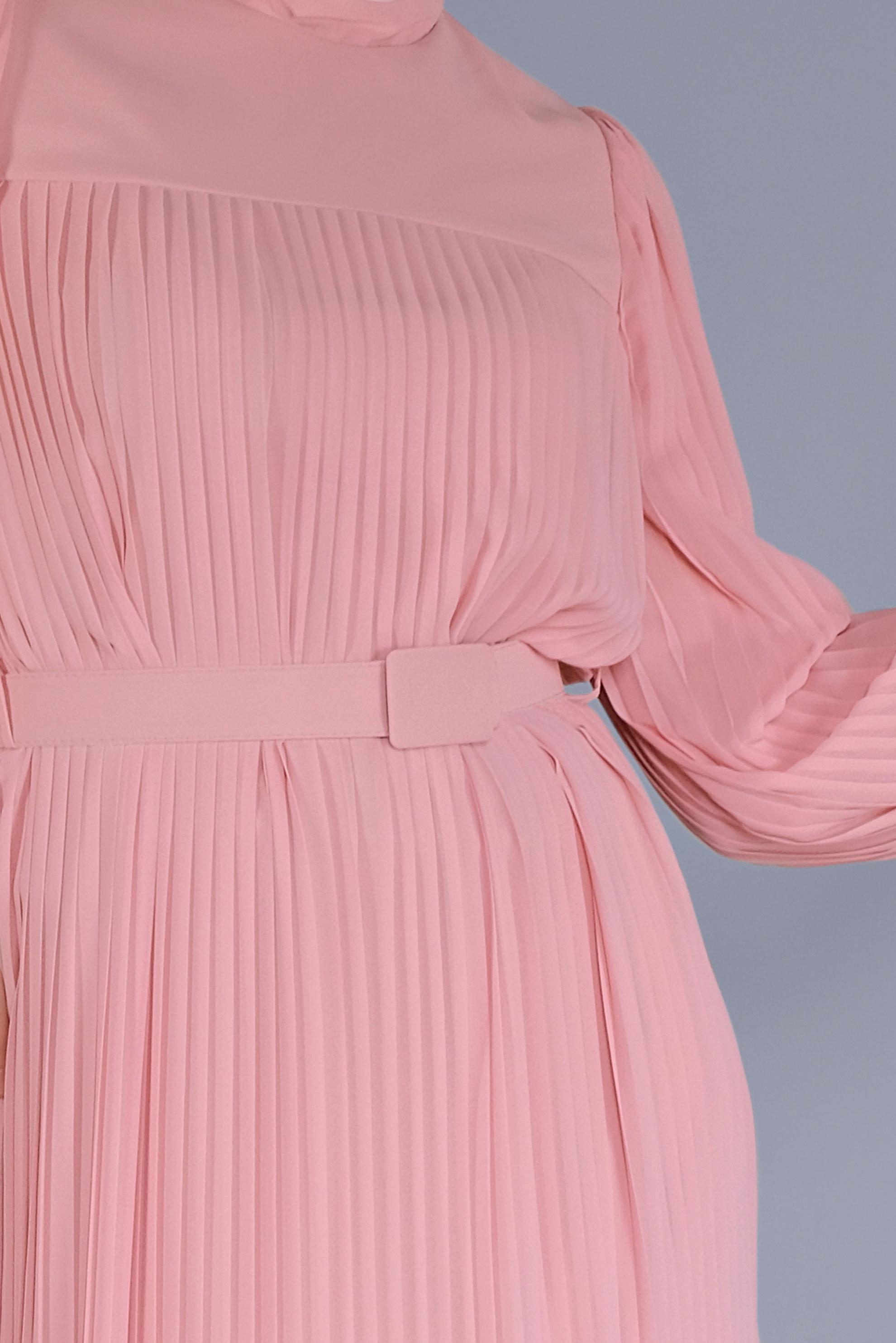 Tesettür giyim PUDRA PİLİSELİ ŞİFON ELBİSE 41537 