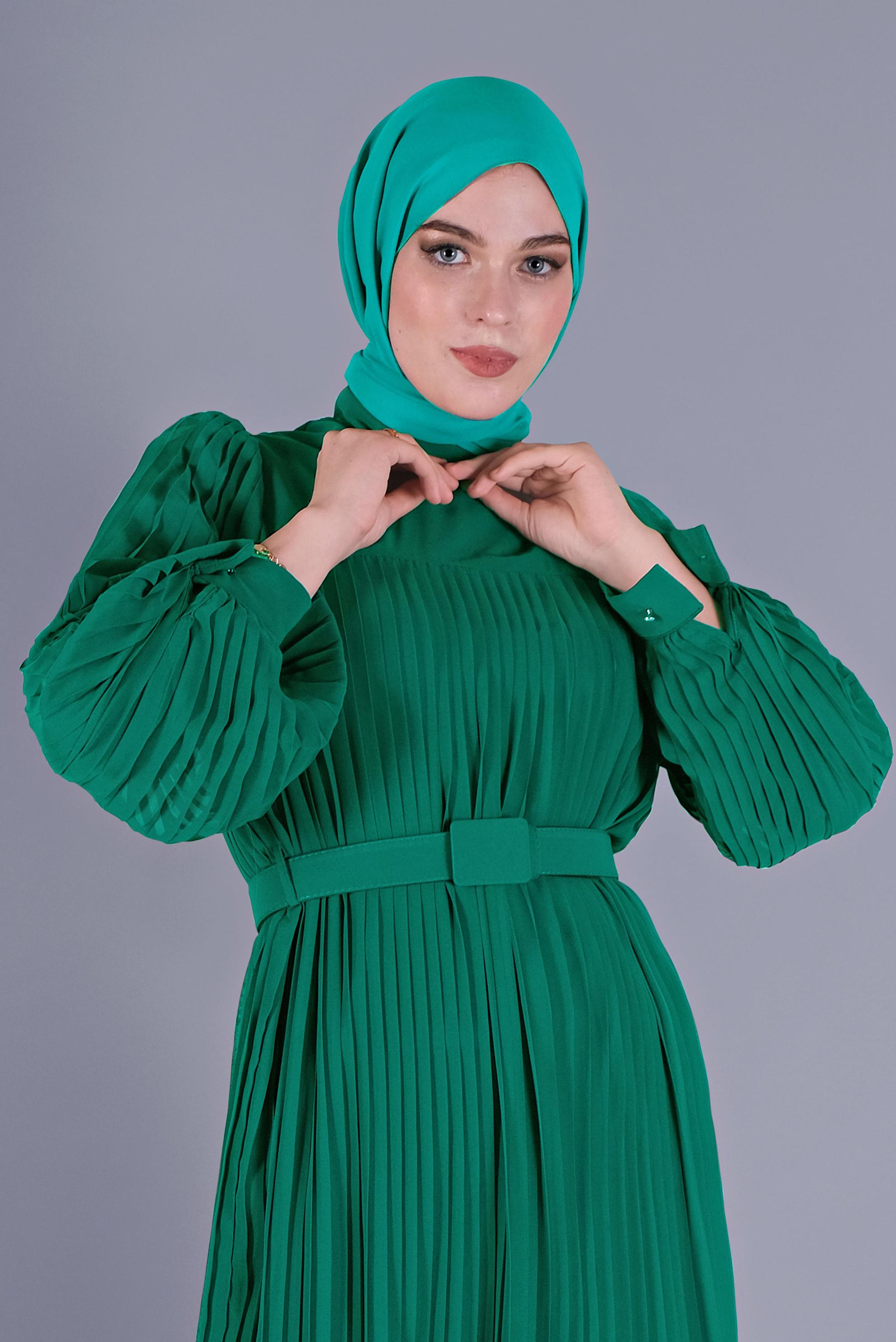 Tesettür giyim YEŞİL PİLİSELİ ŞİFON ELBİSE 41537 