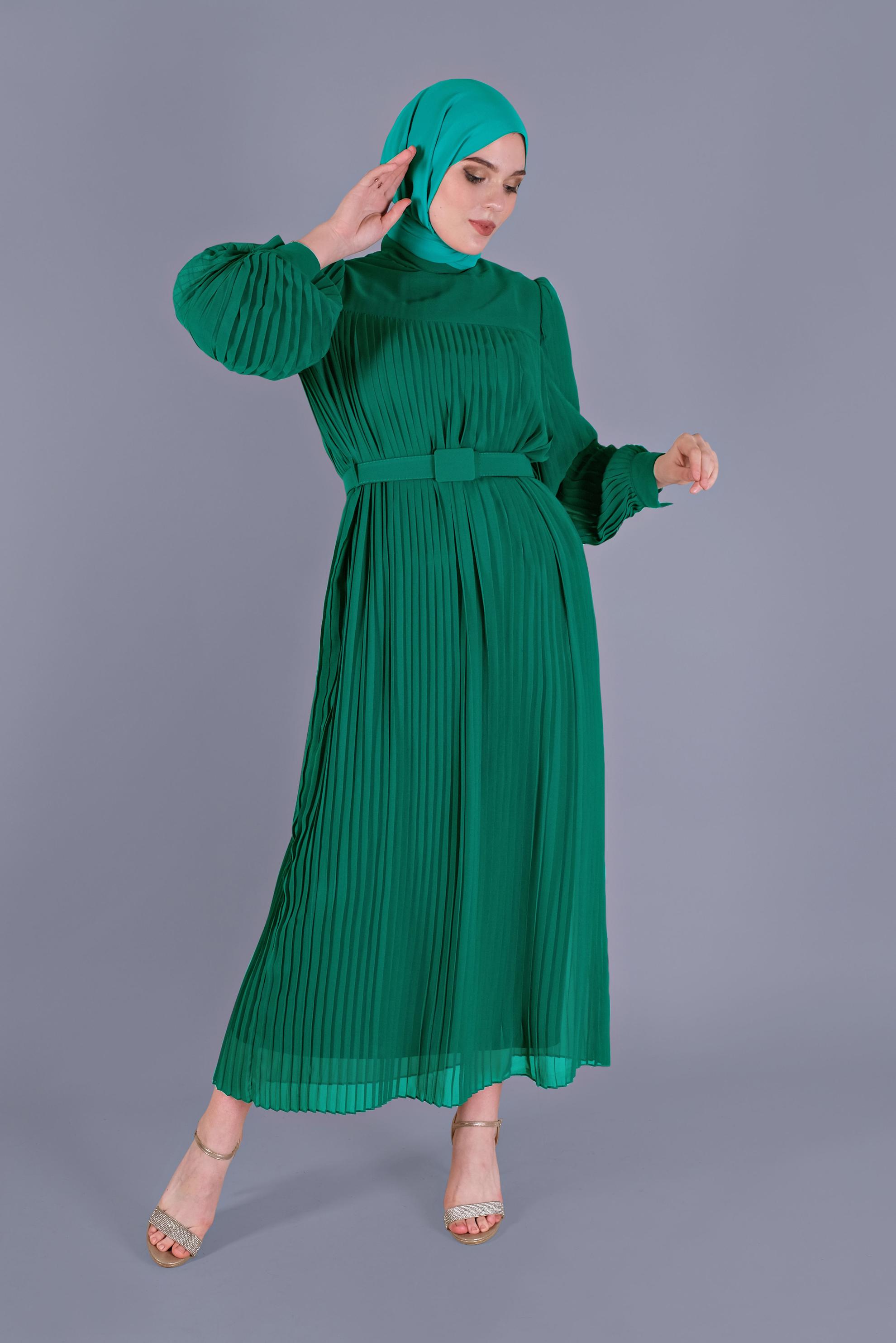 Tesettür giyim YEŞİL PİLİSELİ ŞİFON ELBİSE 41537 