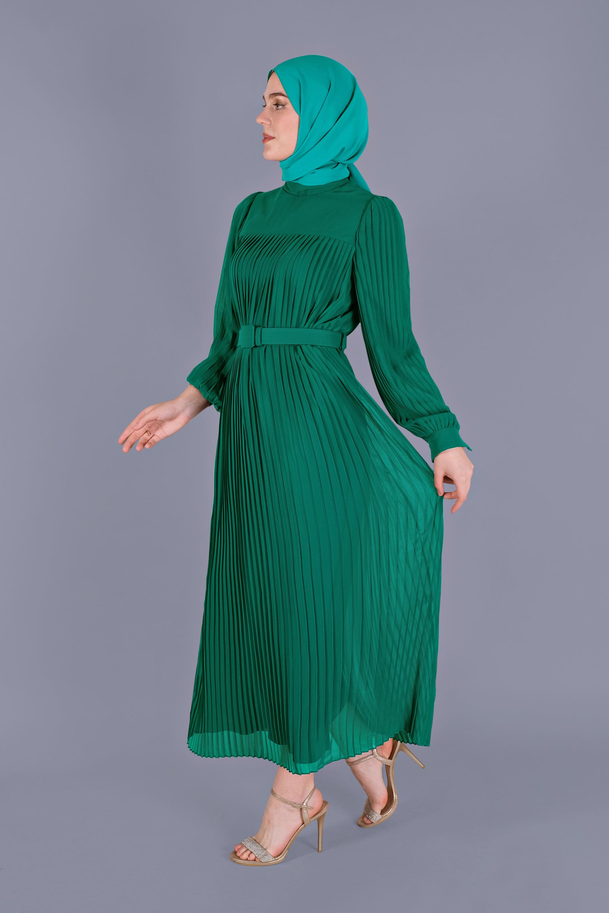 Tesettür giyim YEŞİL PİLİSELİ ŞİFON ELBİSE 41537 