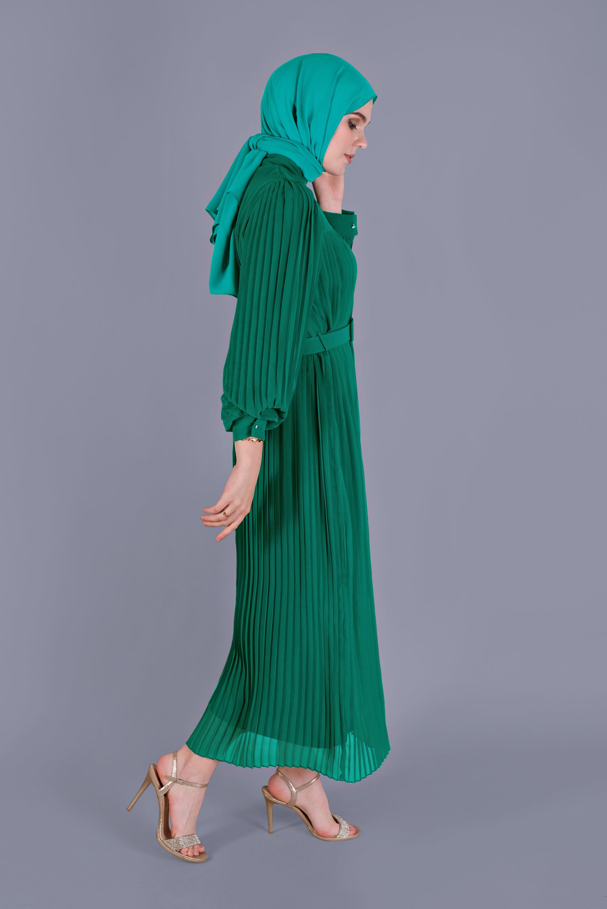 Tesettür giyim YEŞİL PİLİSELİ ŞİFON ELBİSE 41537 