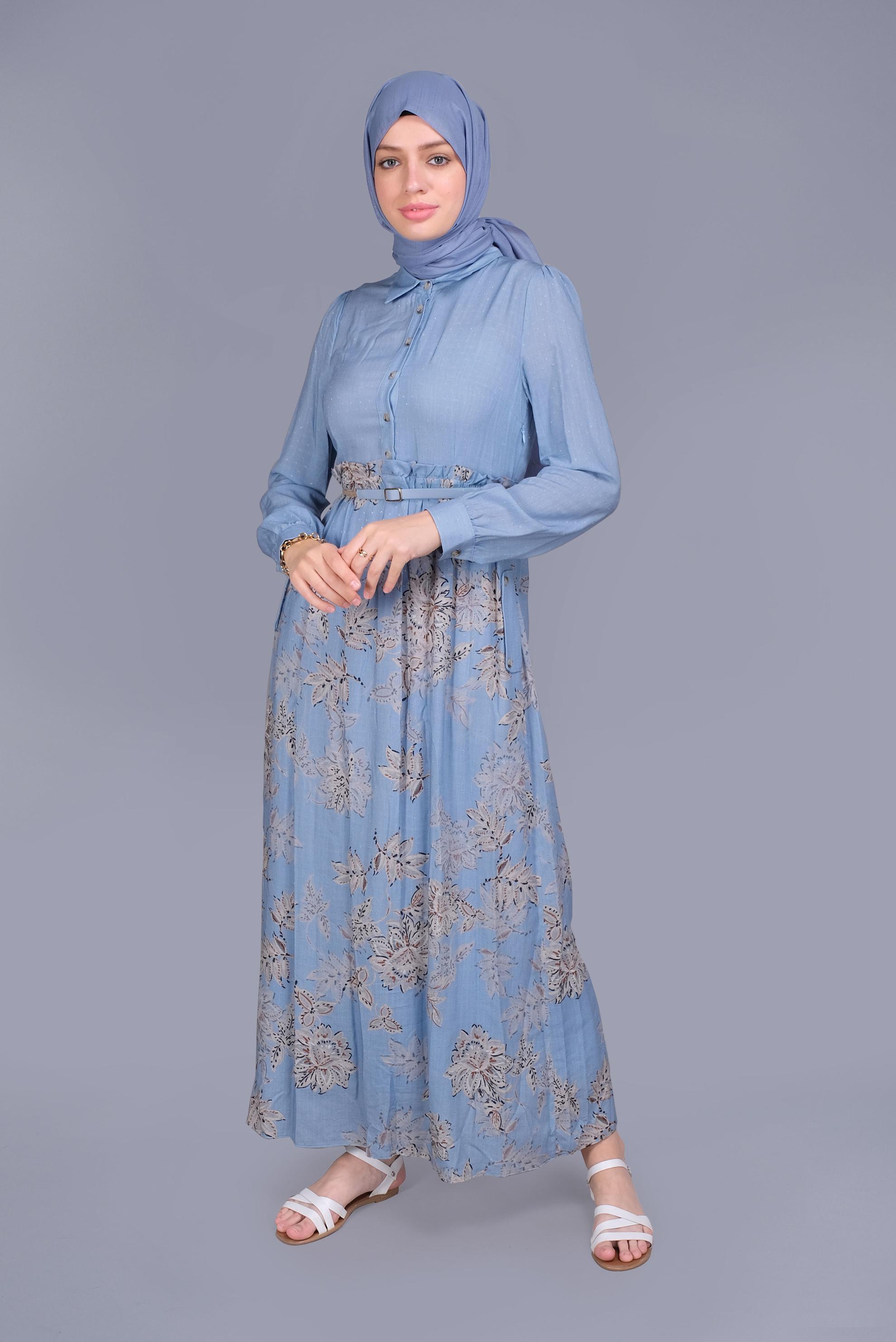 Tesettür giyim MAVİ ÇİÇEKLİ FERMUARLI ELBİSE 41549 