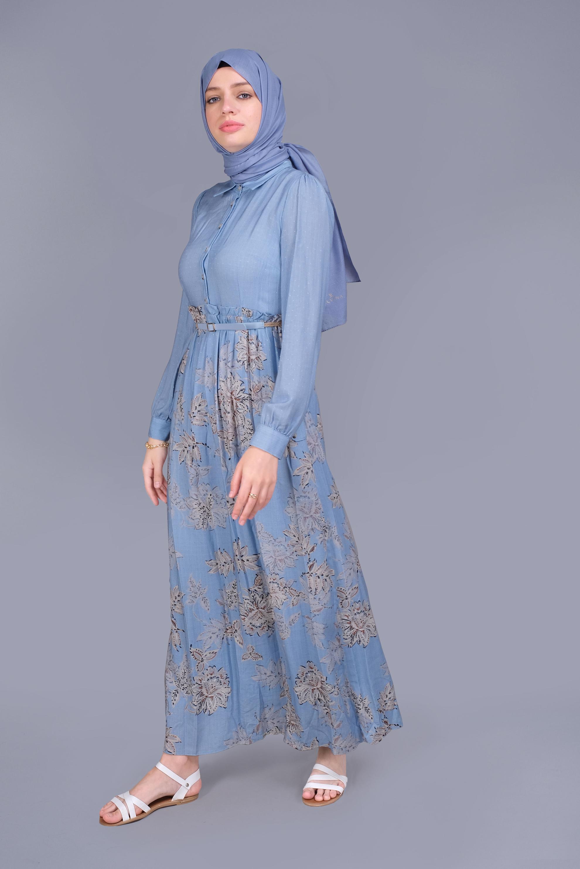 Tesettür giyim MAVİ ÇİÇEKLİ FERMUARLI ELBİSE 41549 