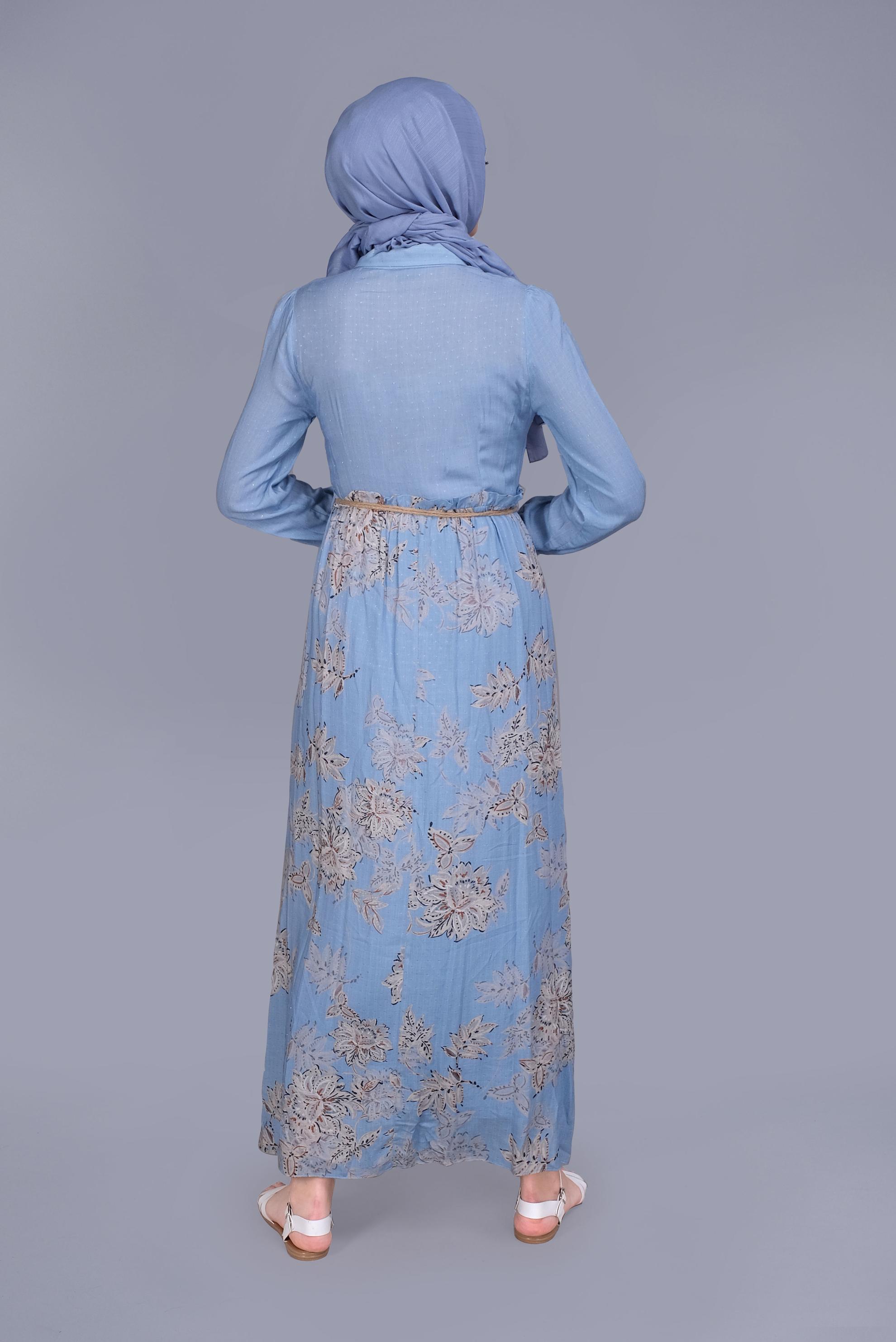 Tesettür giyim MAVİ ÇİÇEKLİ FERMUARLI ELBİSE 41549 