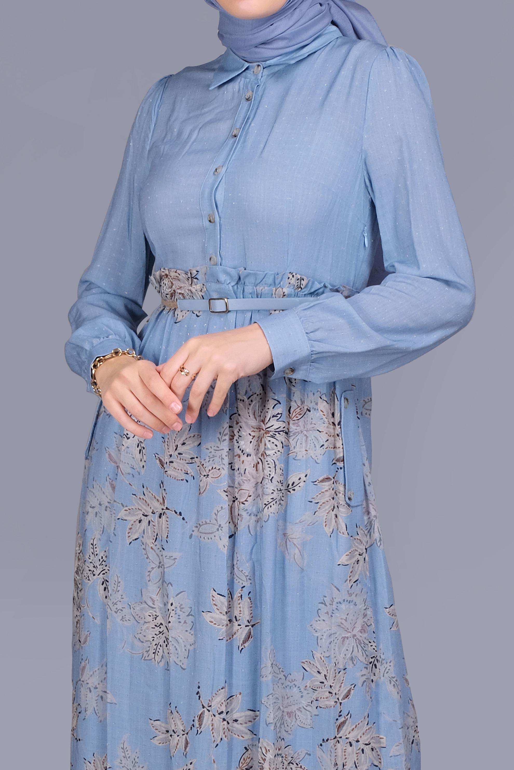 Tesettür giyim MAVİ ÇİÇEKLİ FERMUARLI ELBİSE 41549 