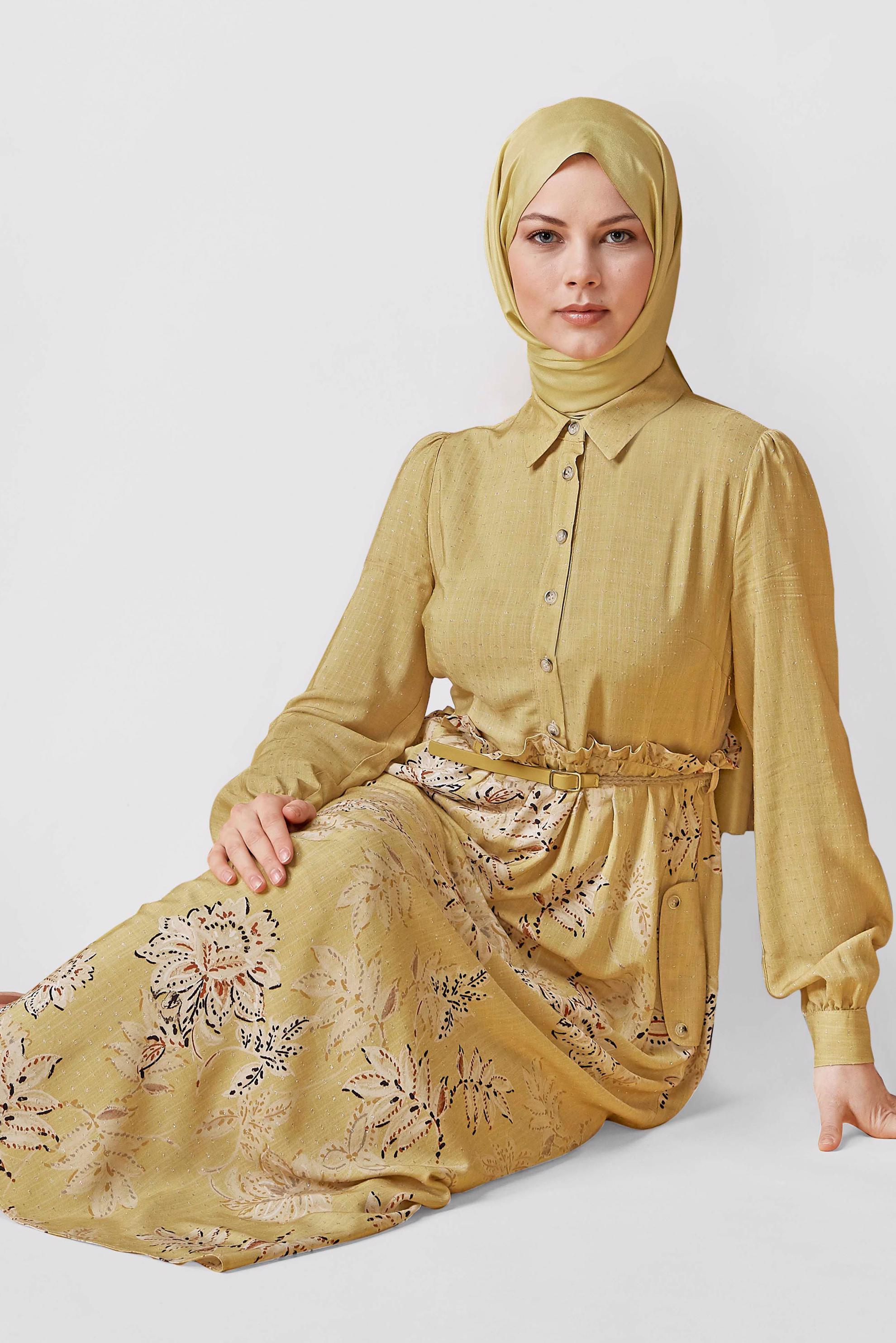 Tesettür giyim SARI ÇİÇEKLİ FERMUARLI ELBİSE 41549 