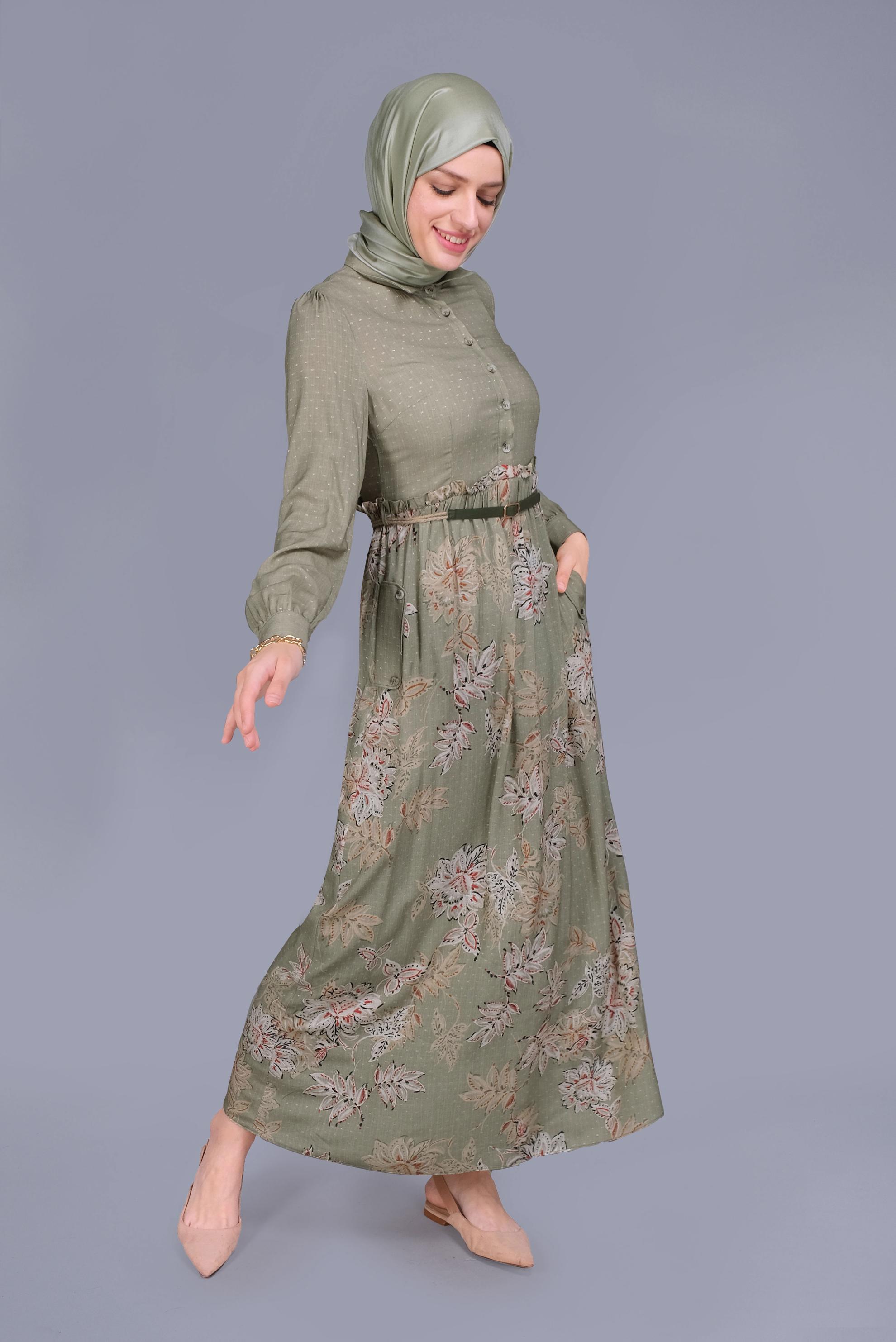 Tesettür giyim HAKİ ÇİÇEKLİ FERMUARLI ELBİSE 41549 