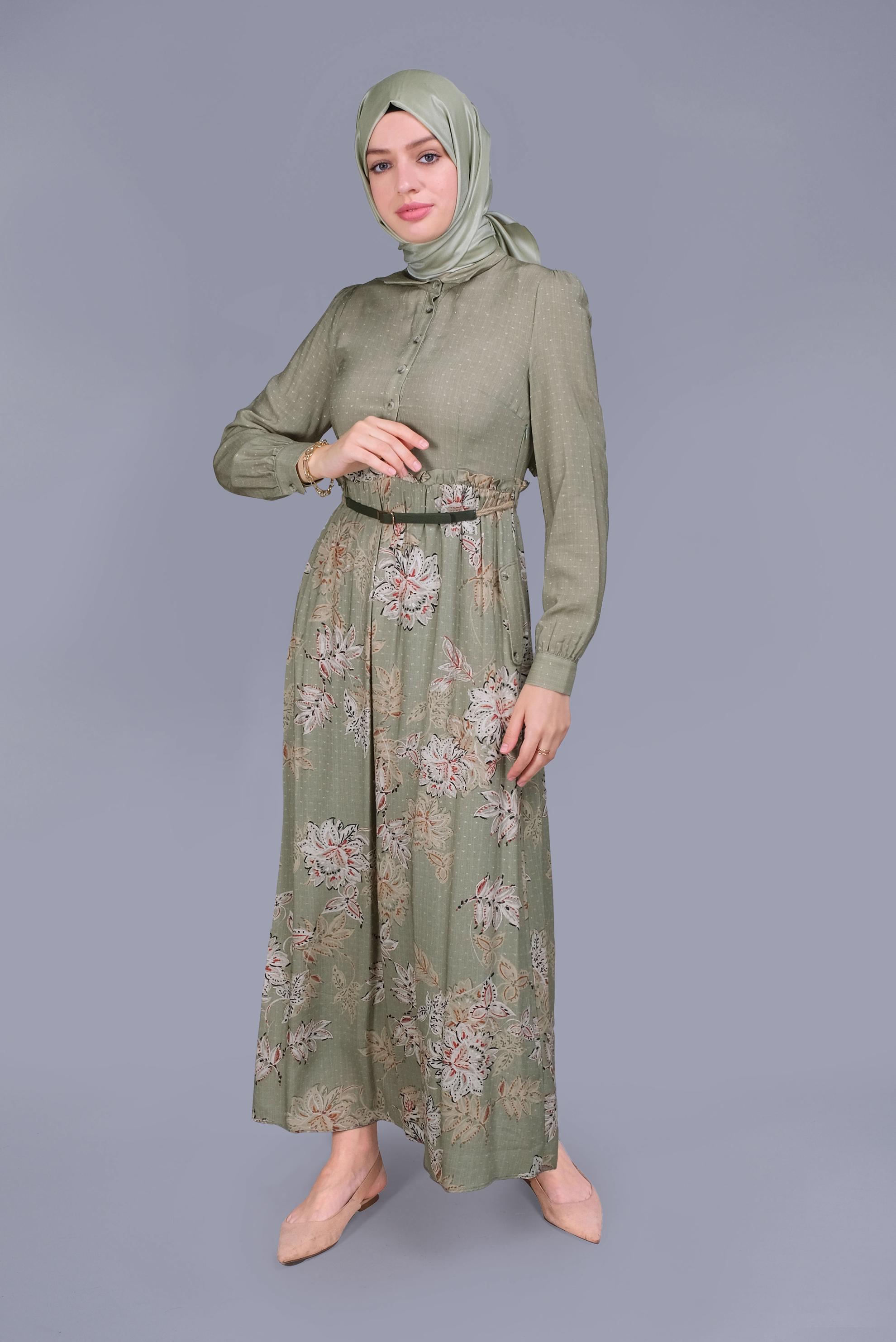 Tesettür giyim HAKİ ÇİÇEKLİ FERMUARLI ELBİSE 41549 