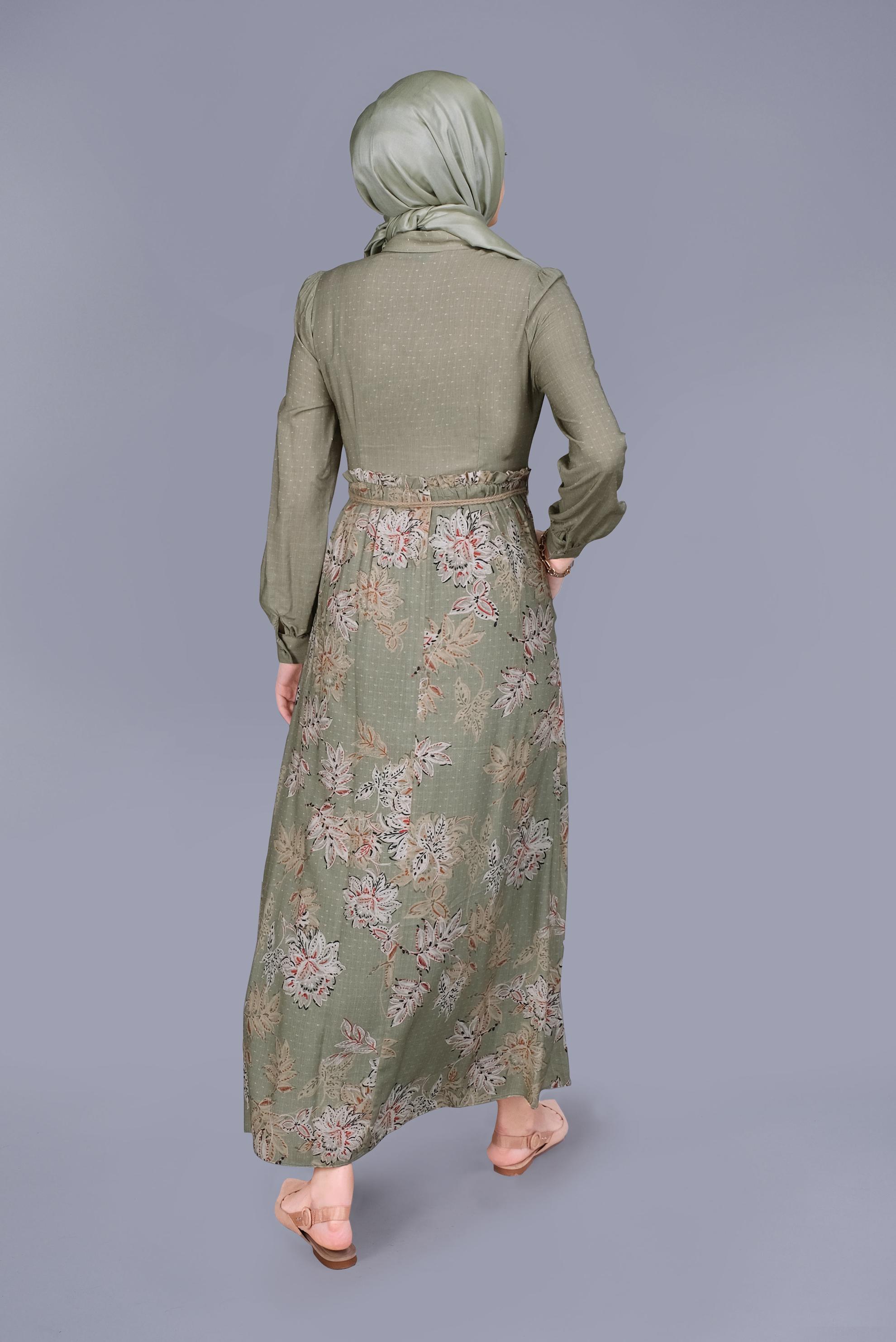 Tesettür giyim HAKİ ÇİÇEKLİ FERMUARLI ELBİSE 41549 