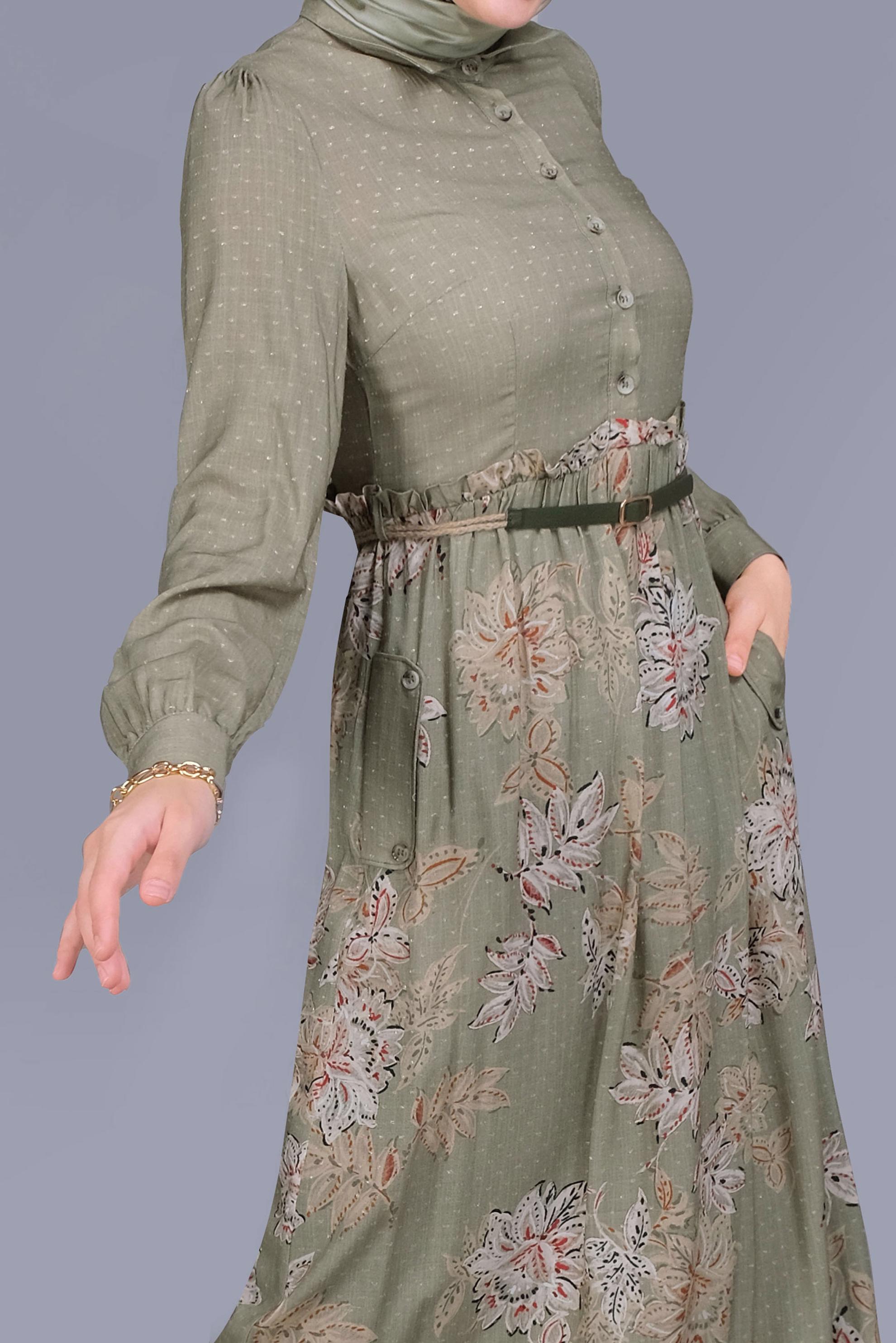 Tesettür giyim HAKİ ÇİÇEKLİ FERMUARLI ELBİSE 41549 