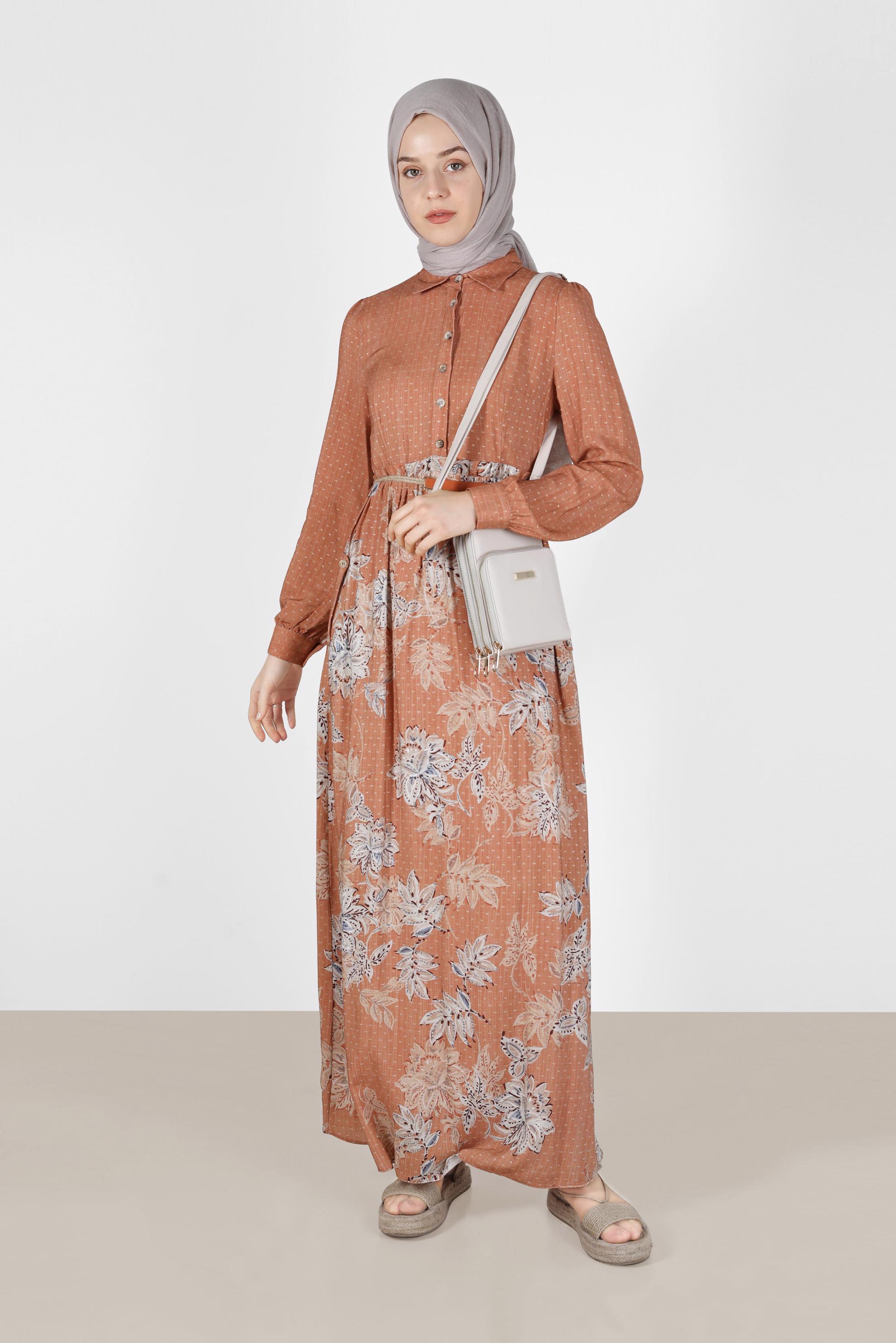 Tesettür giyim TURUNCU ÇİÇEKLİ FERMUARLI ELBİSE 41549 