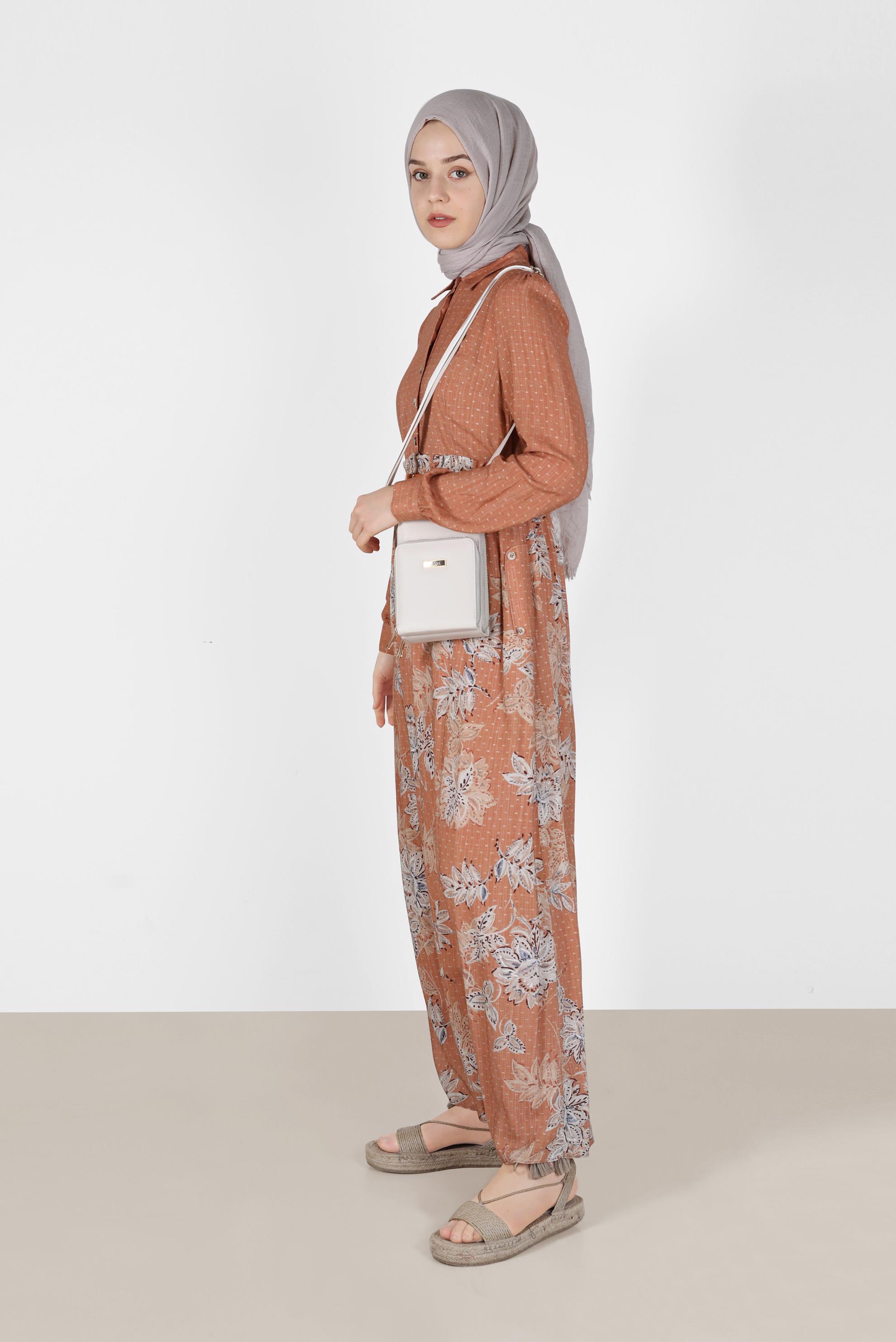 Tesettür giyim TURUNCU ÇİÇEKLİ FERMUARLI ELBİSE 41549 