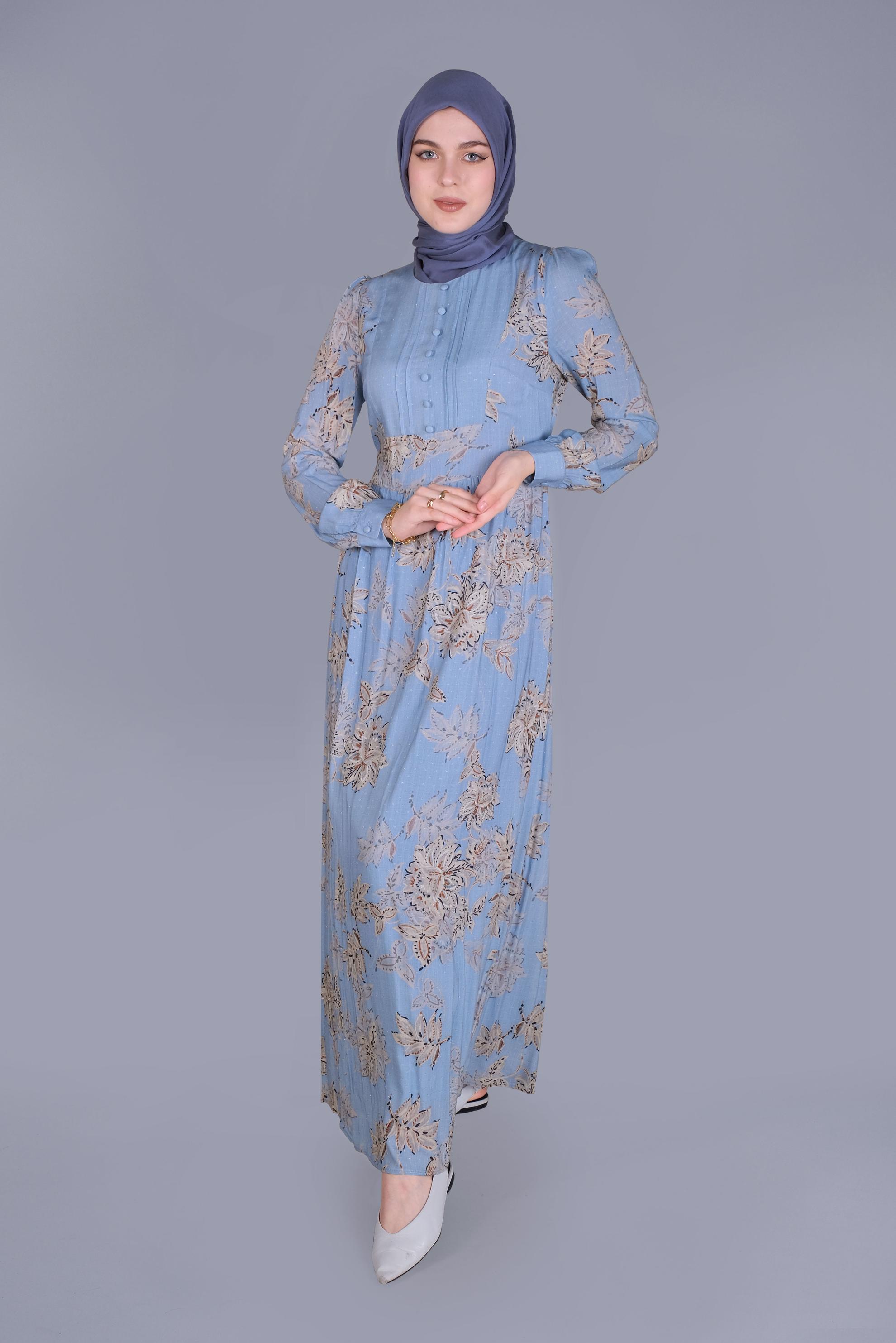 Tesettür giyim MAVİ ÇİÇEKLİ DÜĞMELİ YUVARLAK YAKA ELBİSE 41550 