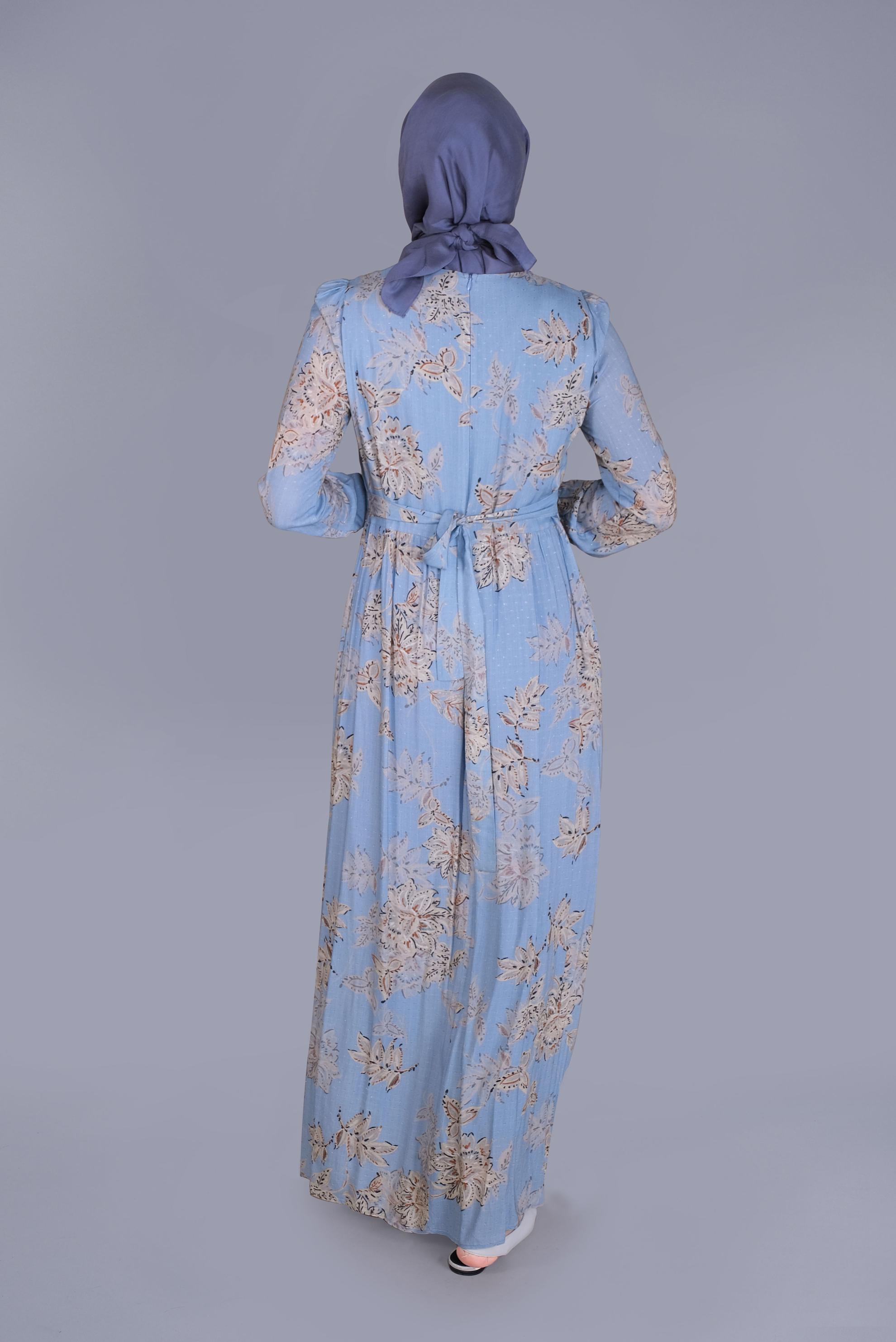 Tesettür giyim MAVİ ÇİÇEKLİ DÜĞMELİ YUVARLAK YAKA ELBİSE 41550 