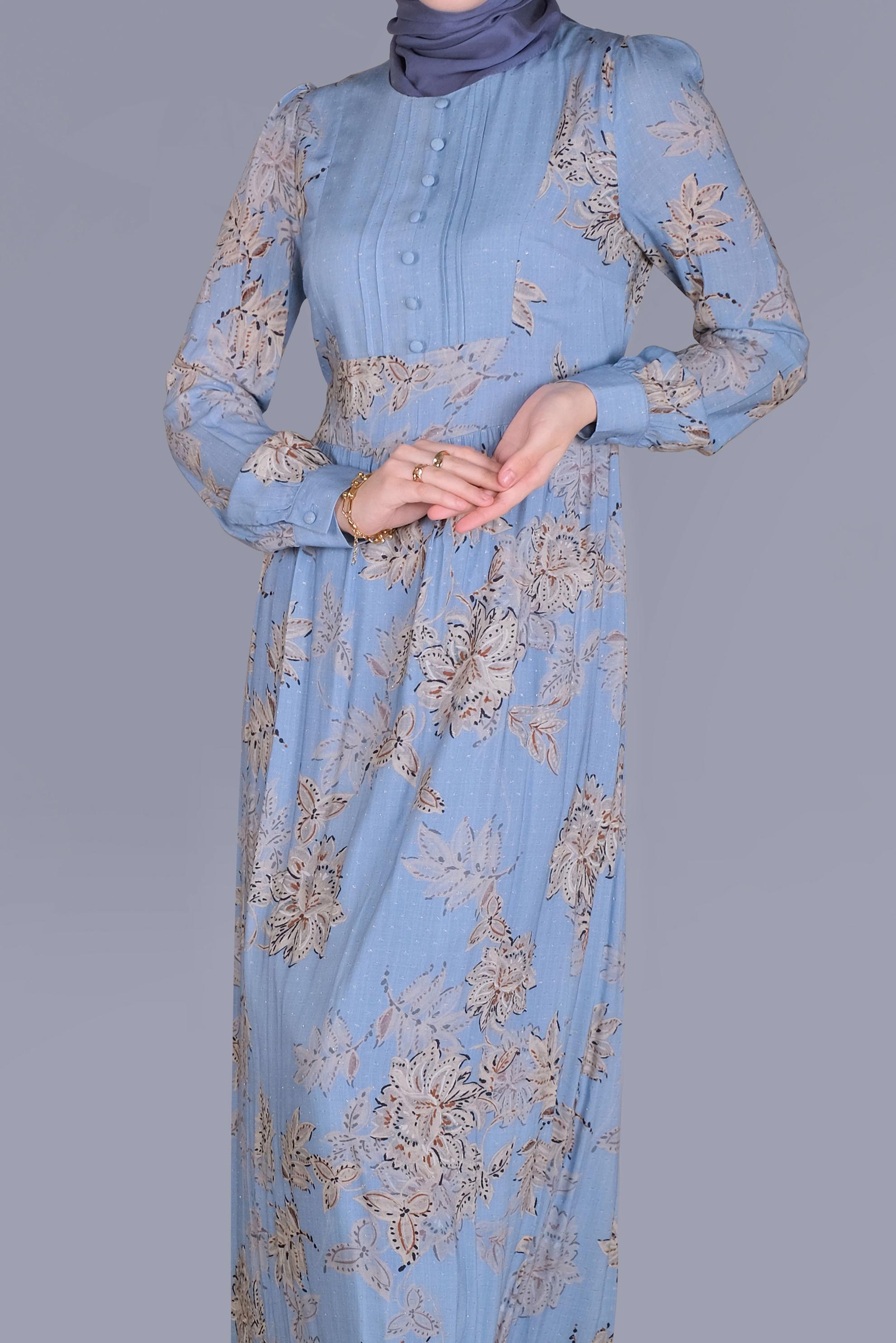 Tesettür giyim MAVİ ÇİÇEKLİ DÜĞMELİ YUVARLAK YAKA ELBİSE 41550 