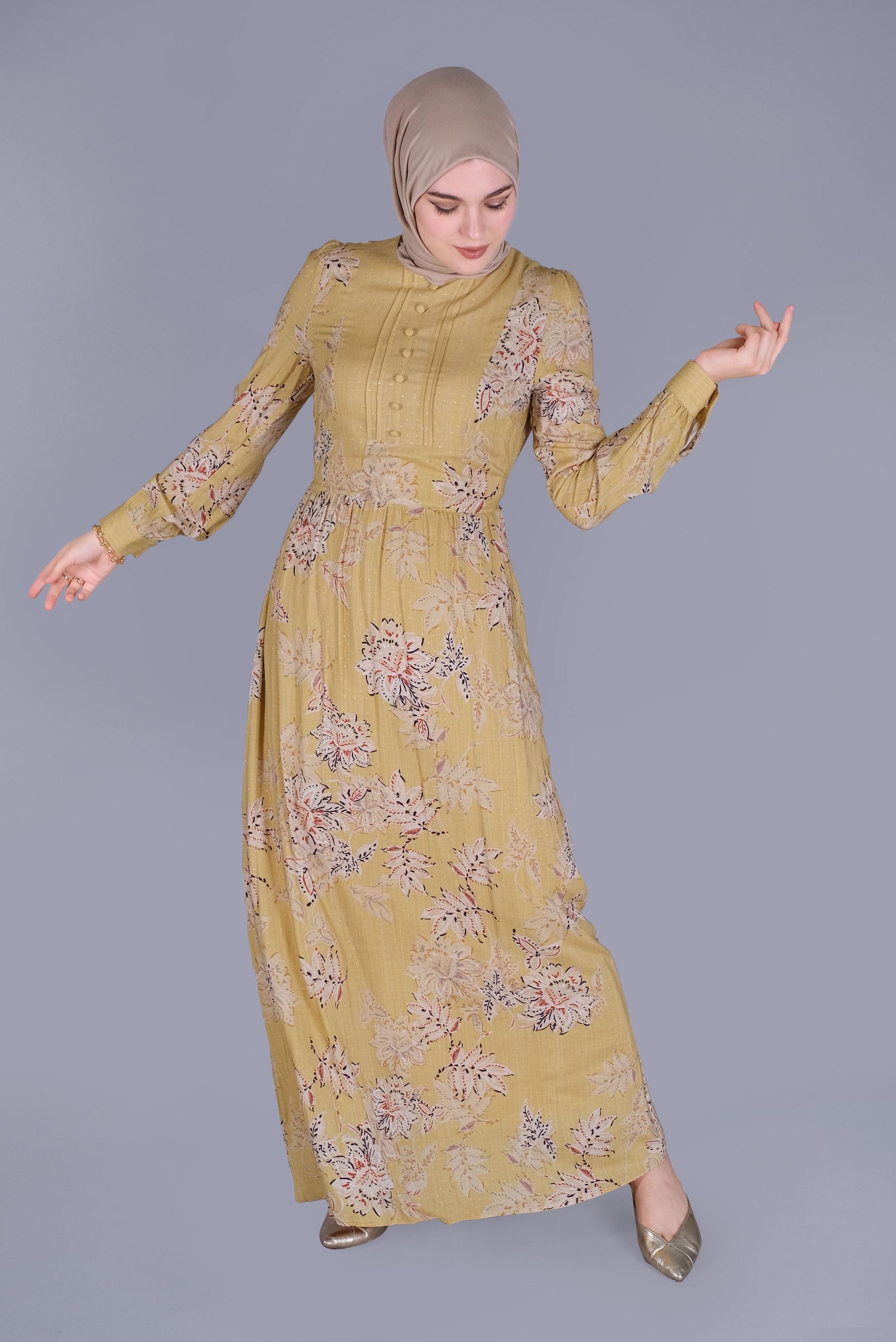 Tesettür giyim SARI ÇİÇEKLİ DÜĞMELİ YUVARLAK YAKA ELBİSE 41550 