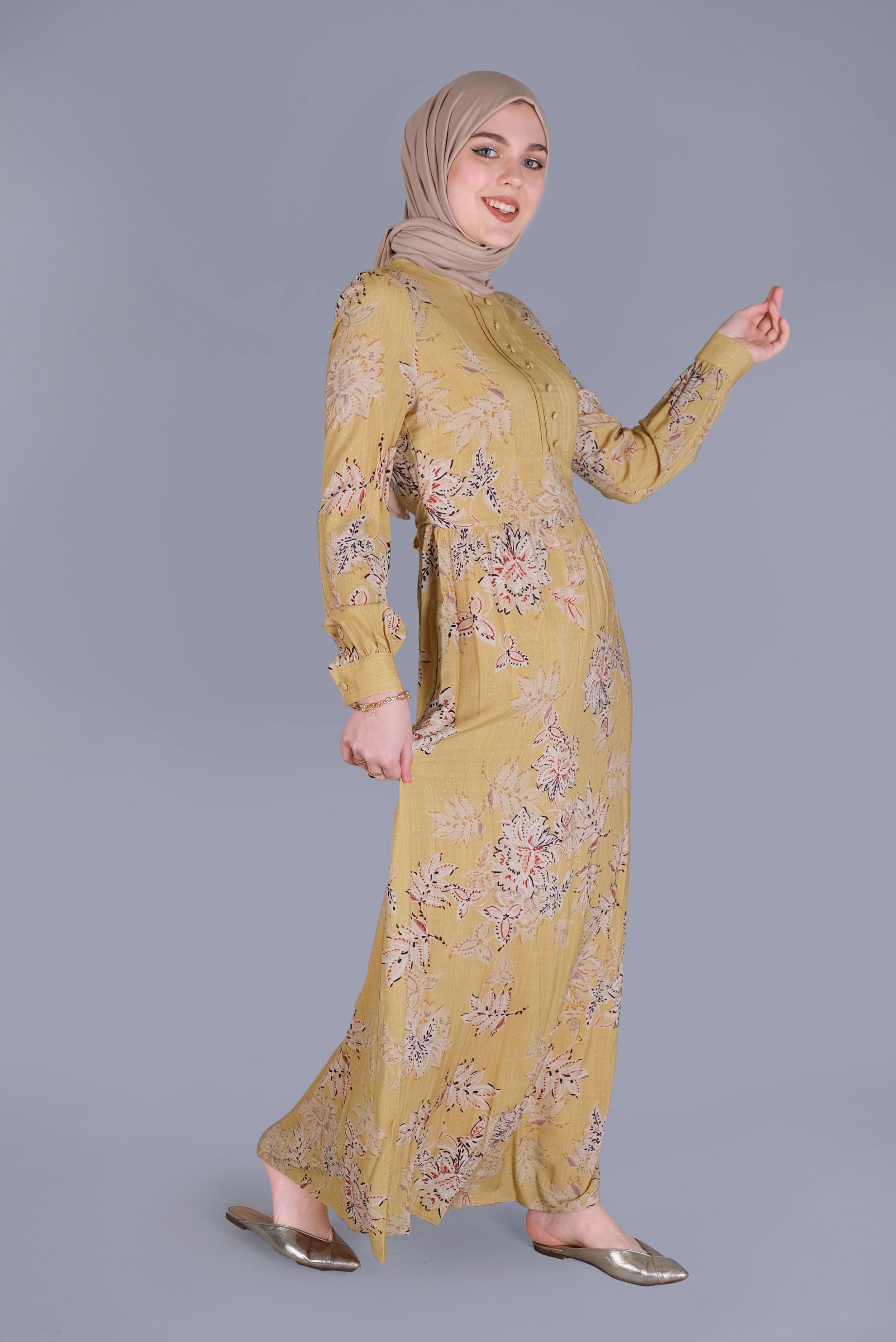 Tesettür giyim SARI ÇİÇEKLİ DÜĞMELİ YUVARLAK YAKA ELBİSE 41550 