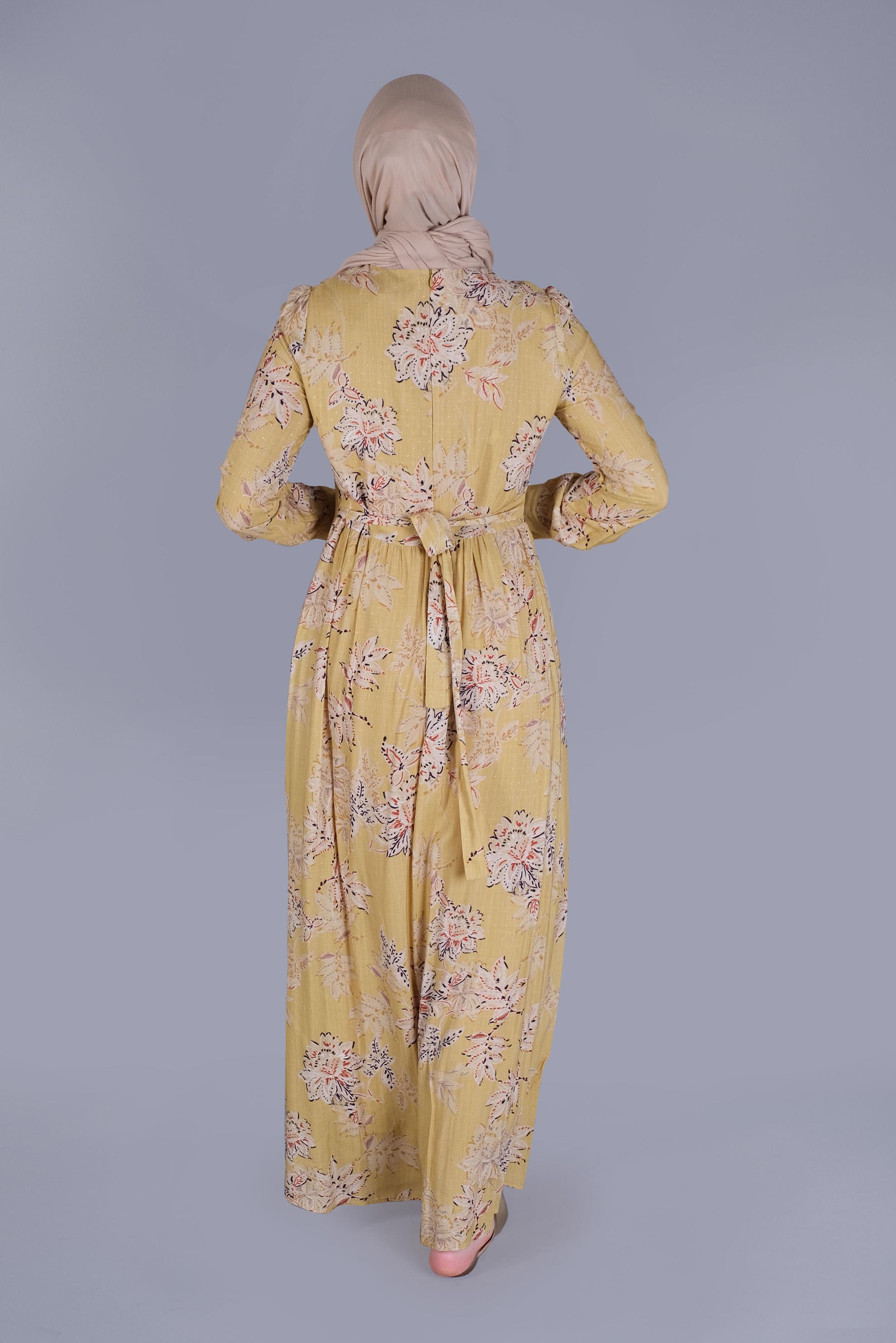 Tesettür giyim SARI ÇİÇEKLİ DÜĞMELİ YUVARLAK YAKA ELBİSE 41550 