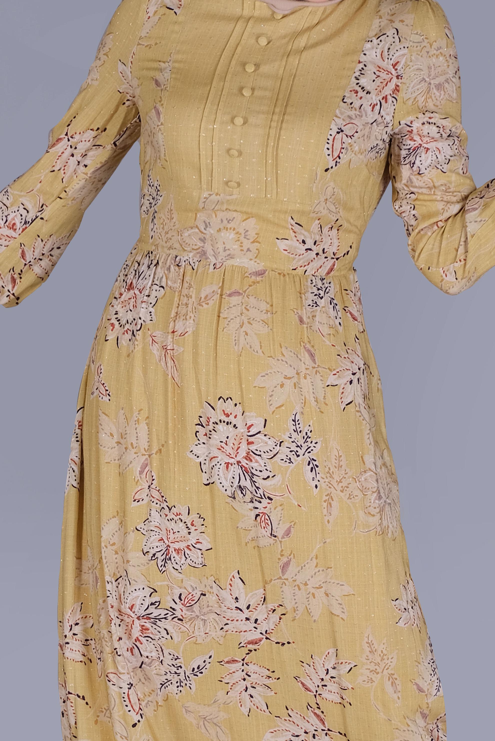 Tesettür giyim SARI ÇİÇEKLİ DÜĞMELİ YUVARLAK YAKA ELBİSE 41550 