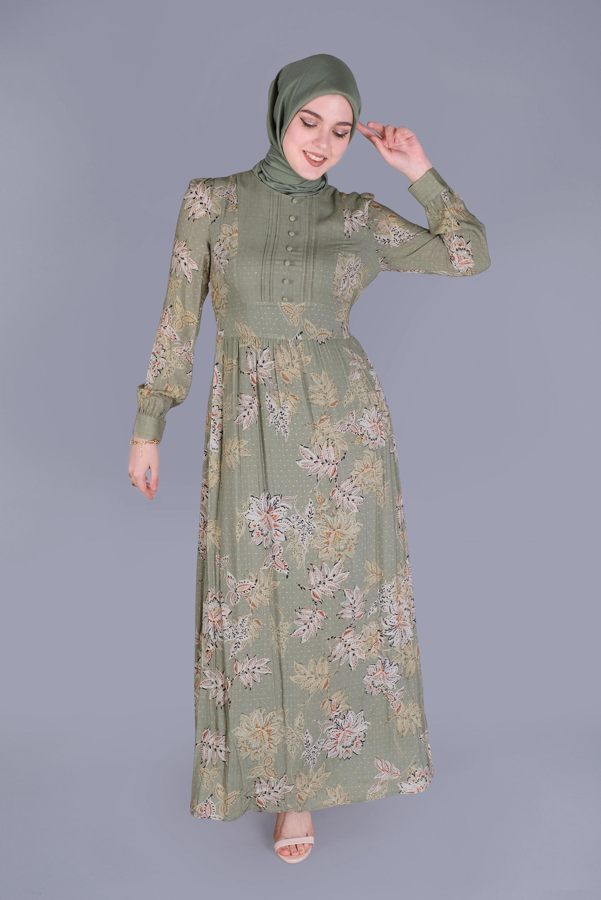 Tesettür giyim HAKİ ÇİÇEKLİ DÜĞMELİ YUVARLAK YAKA ELBİSE 41550 