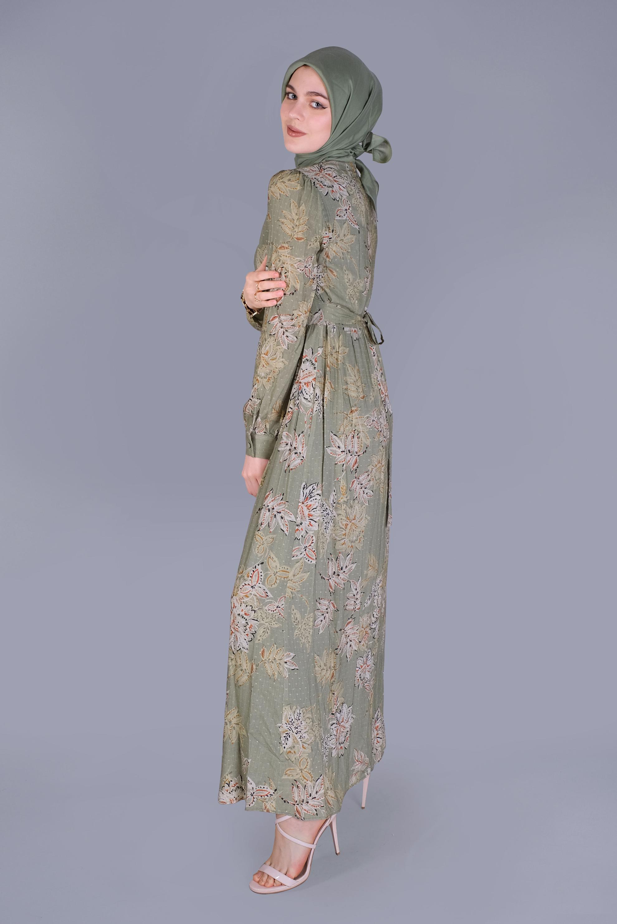 Tesettür giyim HAKİ ÇİÇEKLİ DÜĞMELİ YUVARLAK YAKA ELBİSE 41550 