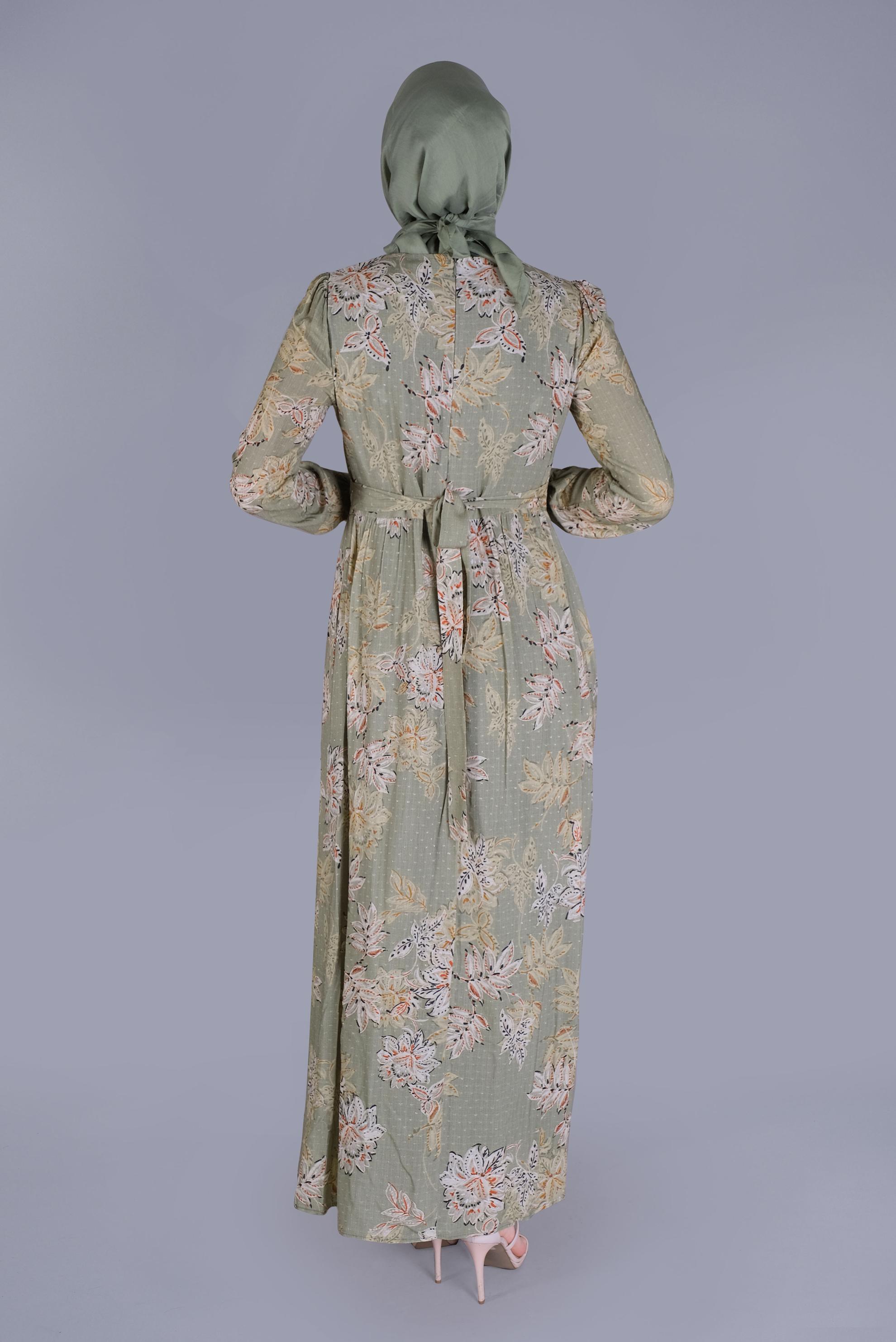 Tesettür giyim HAKİ ÇİÇEKLİ DÜĞMELİ YUVARLAK YAKA ELBİSE 41550 