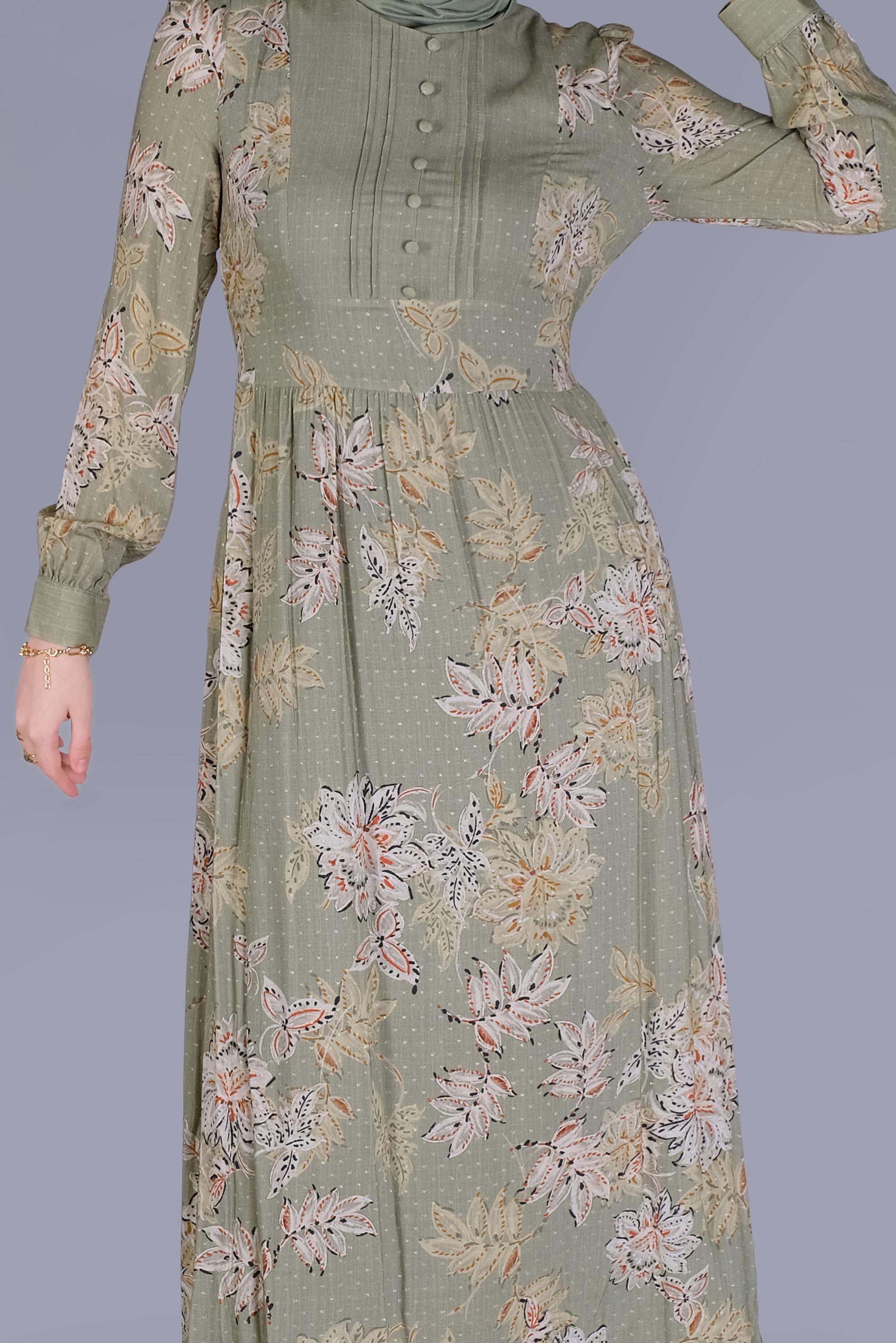 Tesettür giyim HAKİ ÇİÇEKLİ DÜĞMELİ YUVARLAK YAKA ELBİSE 41550 