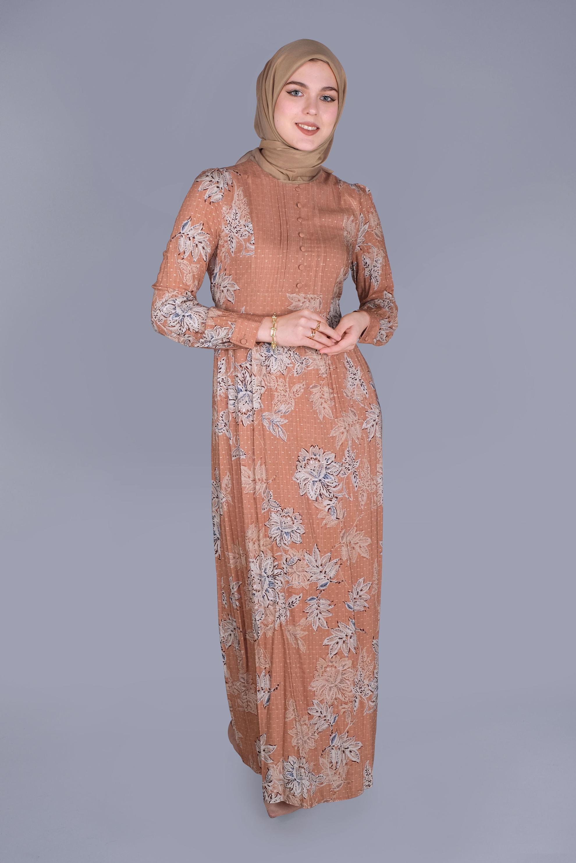 Tesettür giyim TURUNCU ÇİÇEKLİ DÜĞMELİ YUVARLAK YAKA ELBİSE 41550 