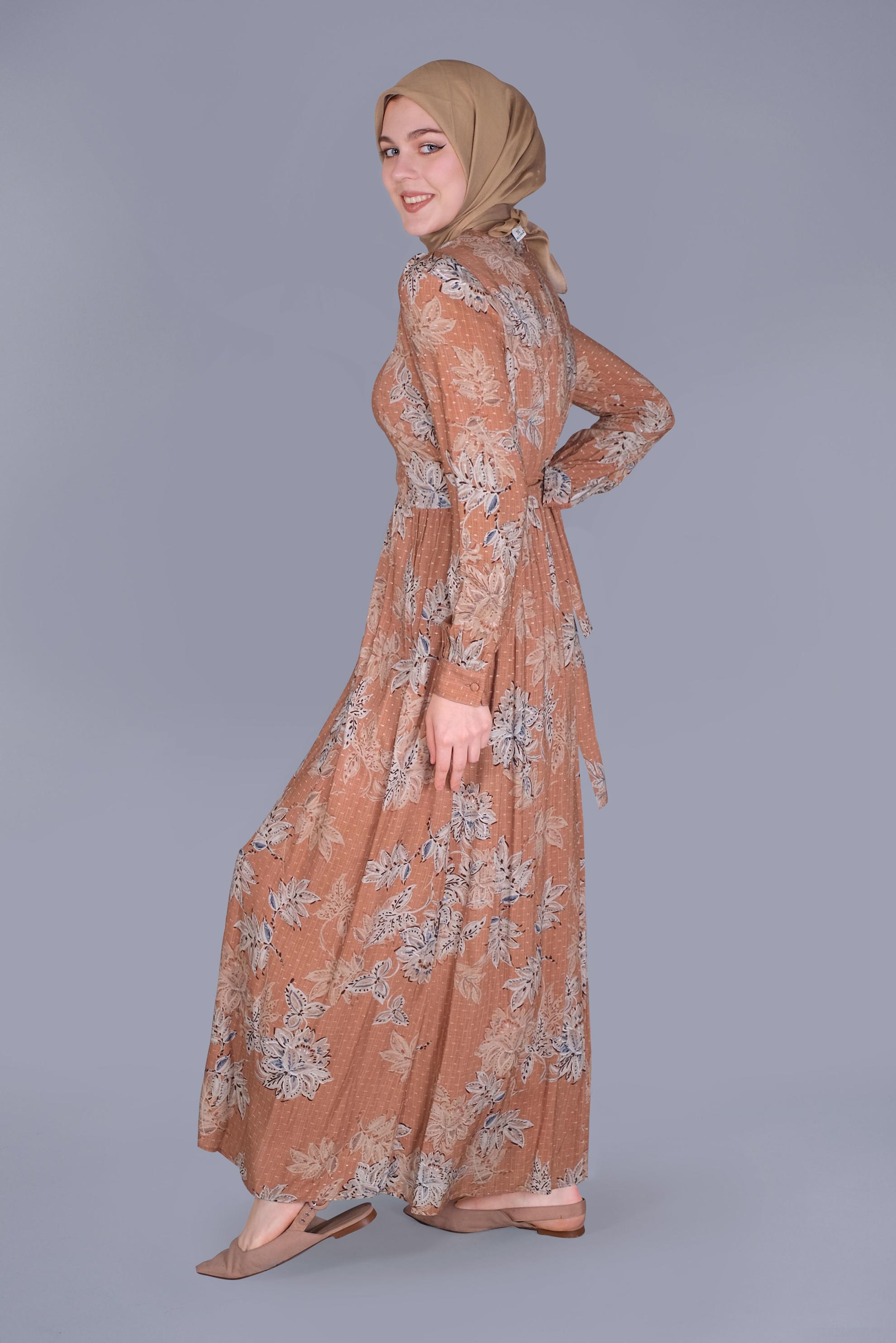 Tesettür giyim TURUNCU ÇİÇEKLİ DÜĞMELİ YUVARLAK YAKA ELBİSE 41550 