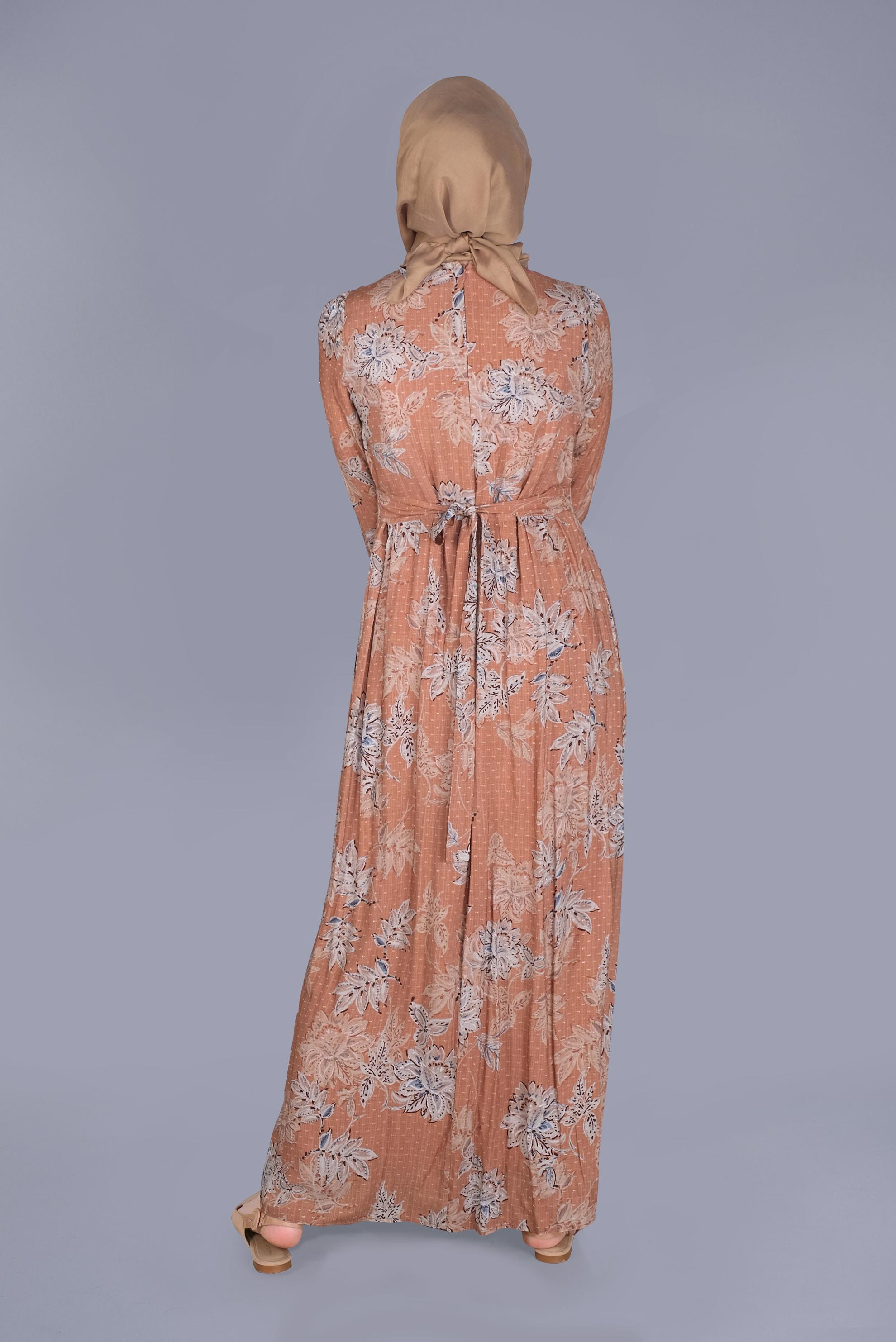 Tesettür giyim TURUNCU ÇİÇEKLİ DÜĞMELİ YUVARLAK YAKA ELBİSE 41550 