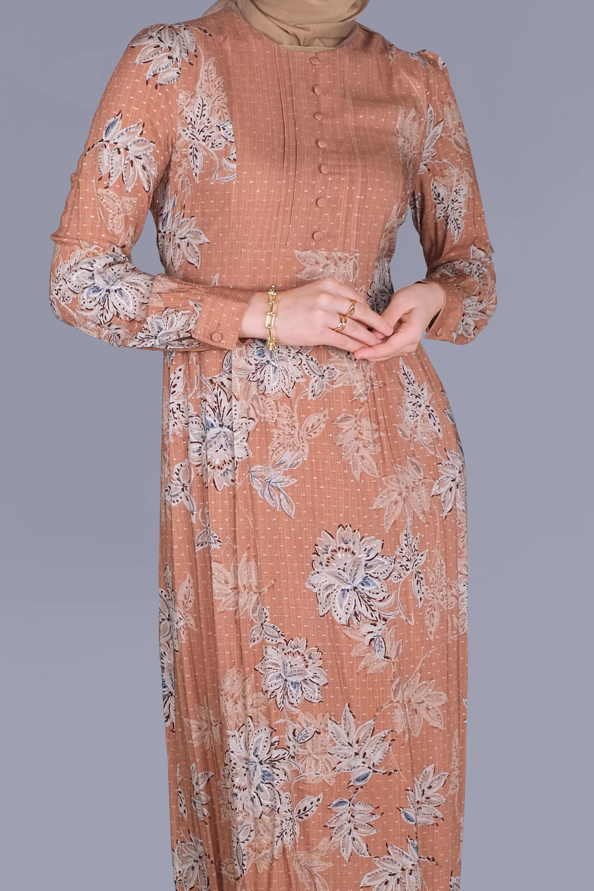 Tesettür giyim TURUNCU ÇİÇEKLİ DÜĞMELİ YUVARLAK YAKA ELBİSE 41550 