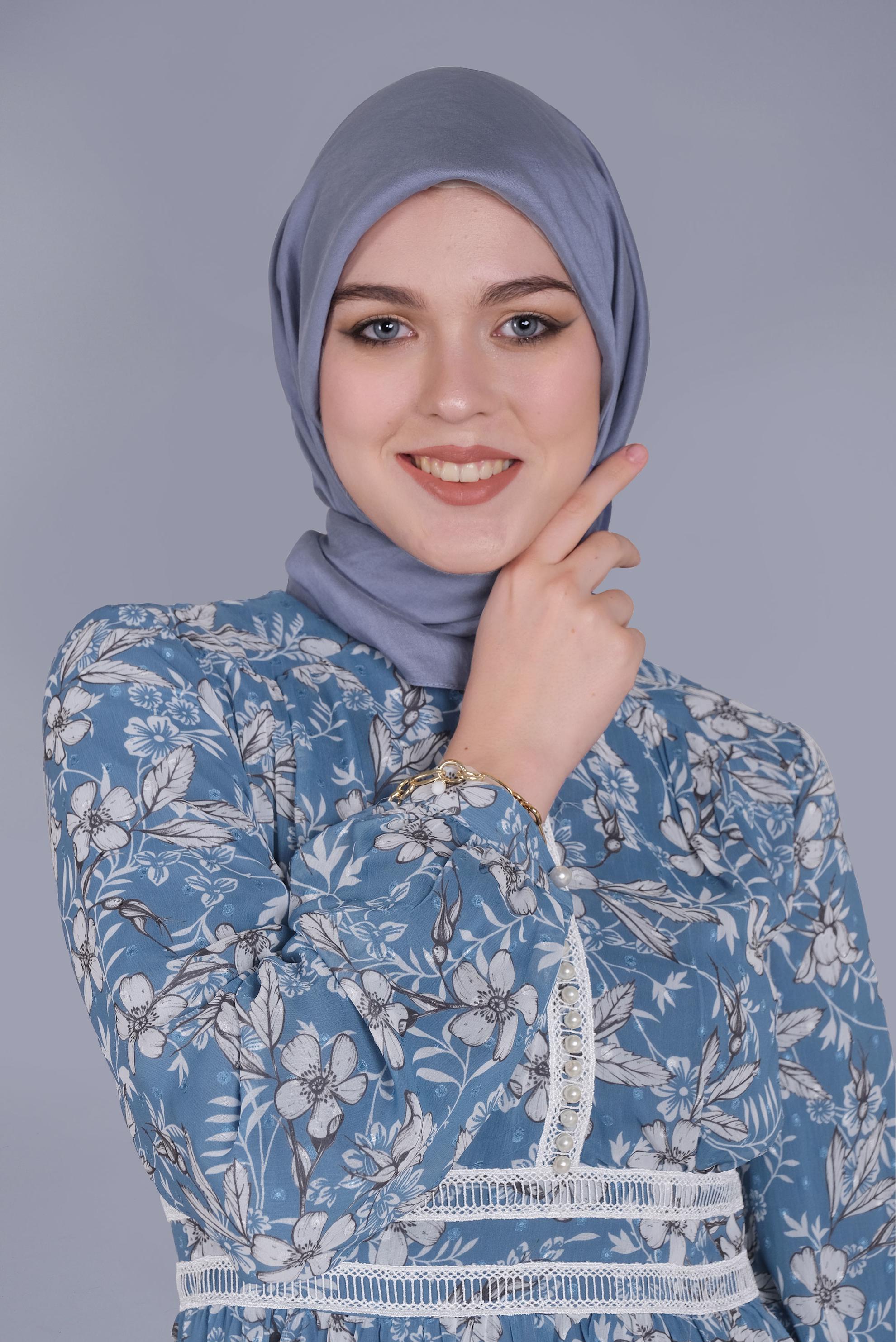 Tesettür giyim MAVİ DANTEL EMPİRME ÇİÇEKLİ ELBİSE 41553 