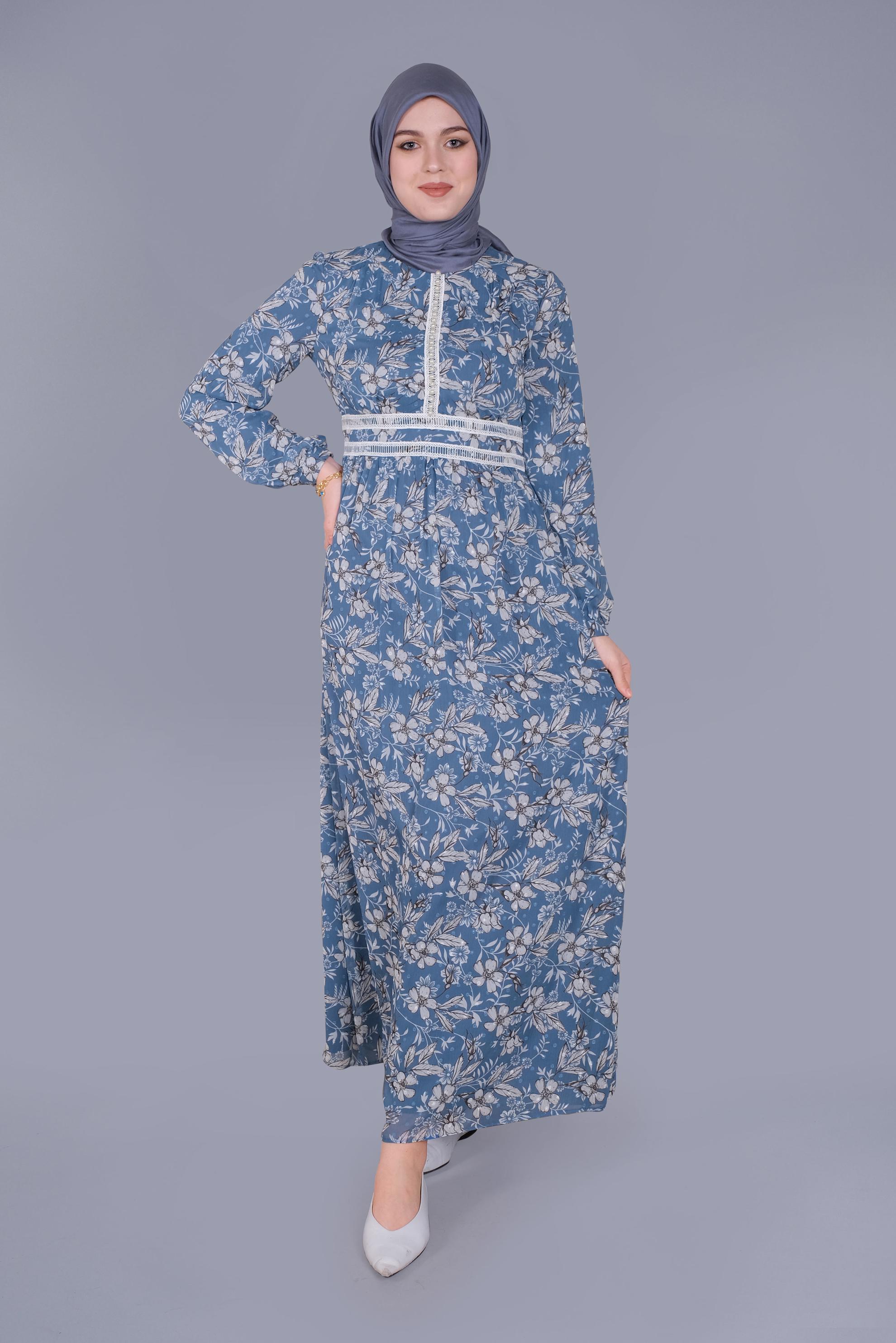 Tesettür giyim MAVİ DANTEL EMPİRME ÇİÇEKLİ ELBİSE 41553 