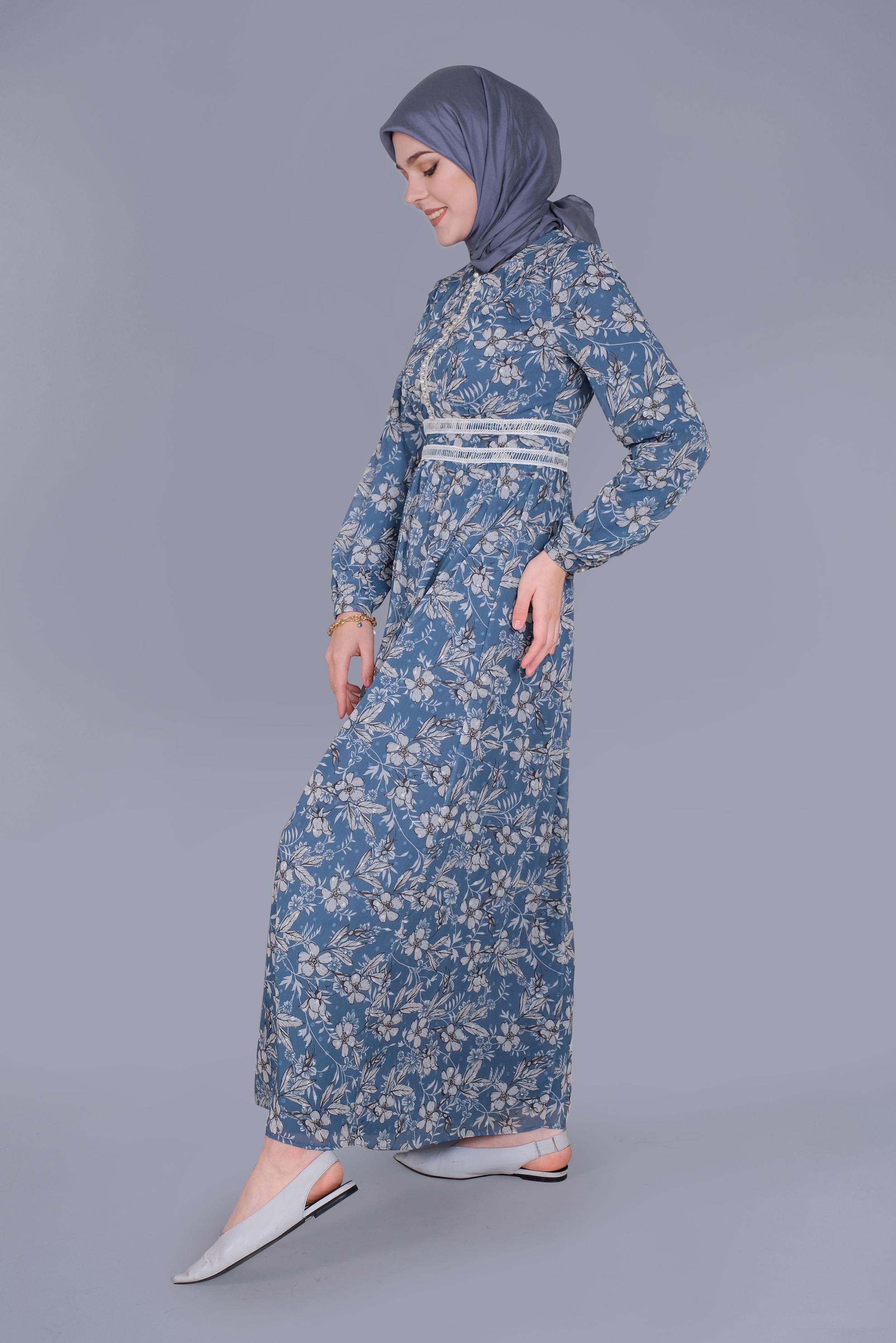 Tesettür giyim MAVİ DANTEL EMPİRME ÇİÇEKLİ ELBİSE 41553 