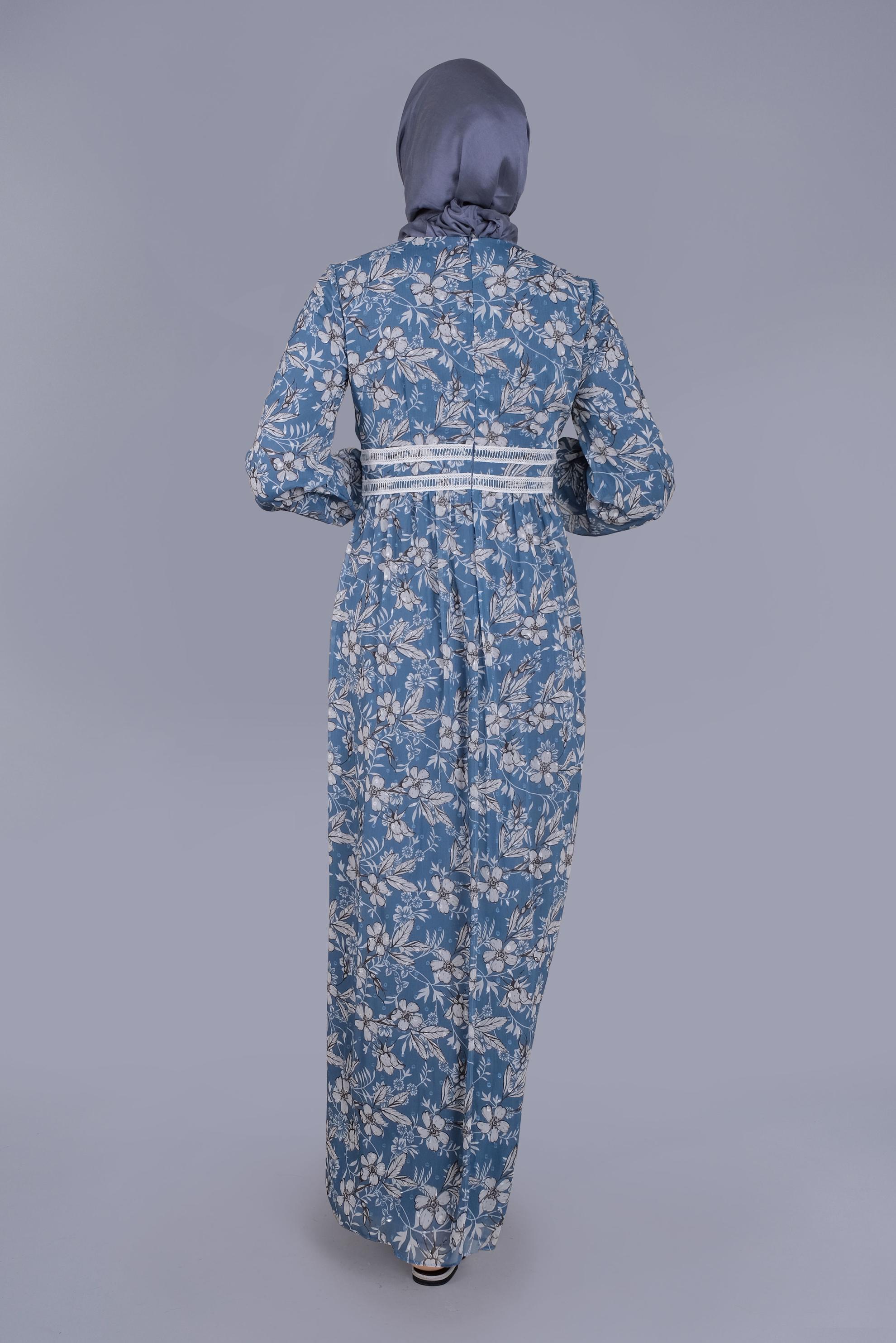 Tesettür giyim MAVİ DANTEL EMPİRME ÇİÇEKLİ ELBİSE 41553 