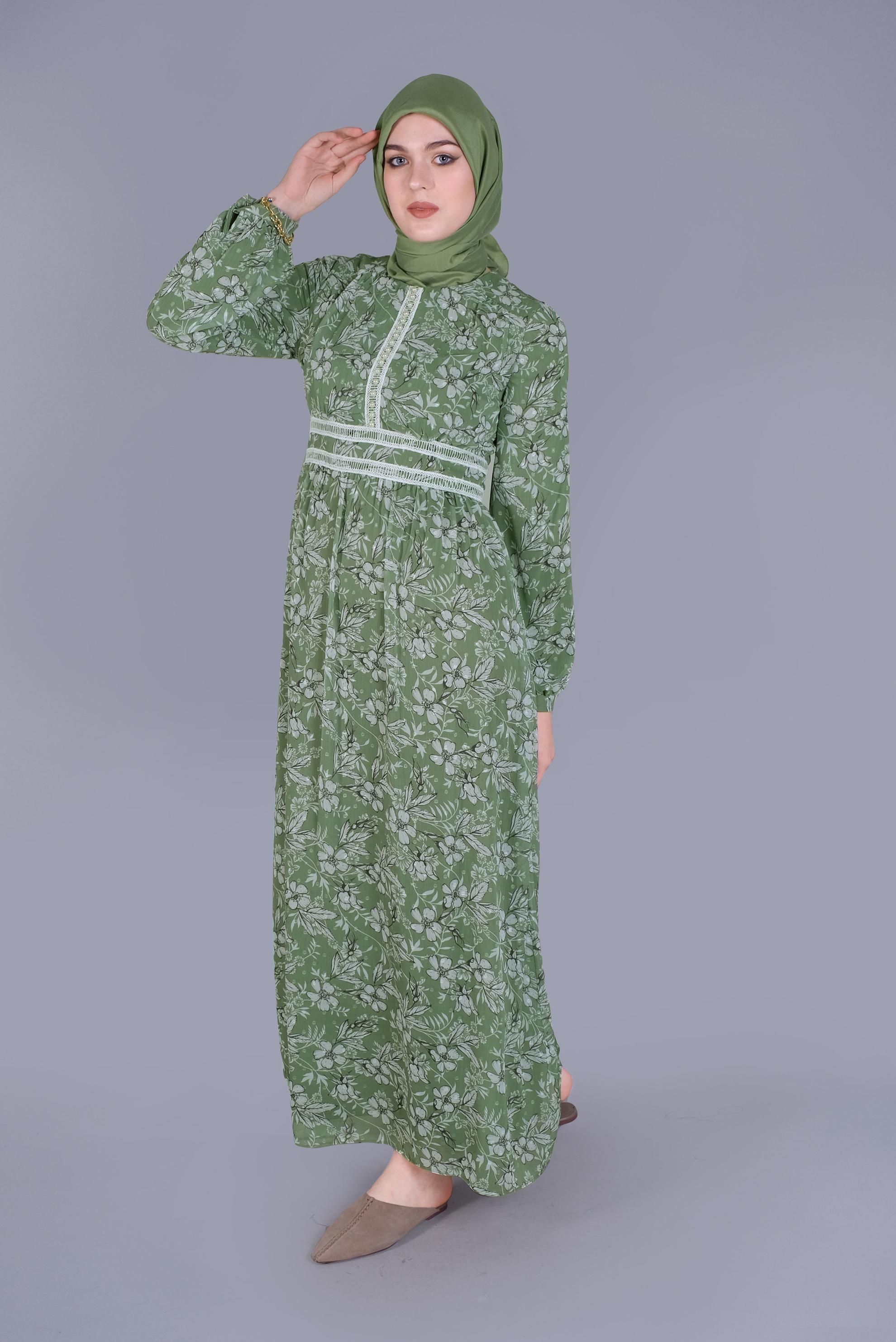 Tesettür giyim YEŞİL DANTEL EMPİRME ÇİÇEKLİ ELBİSE 41553 