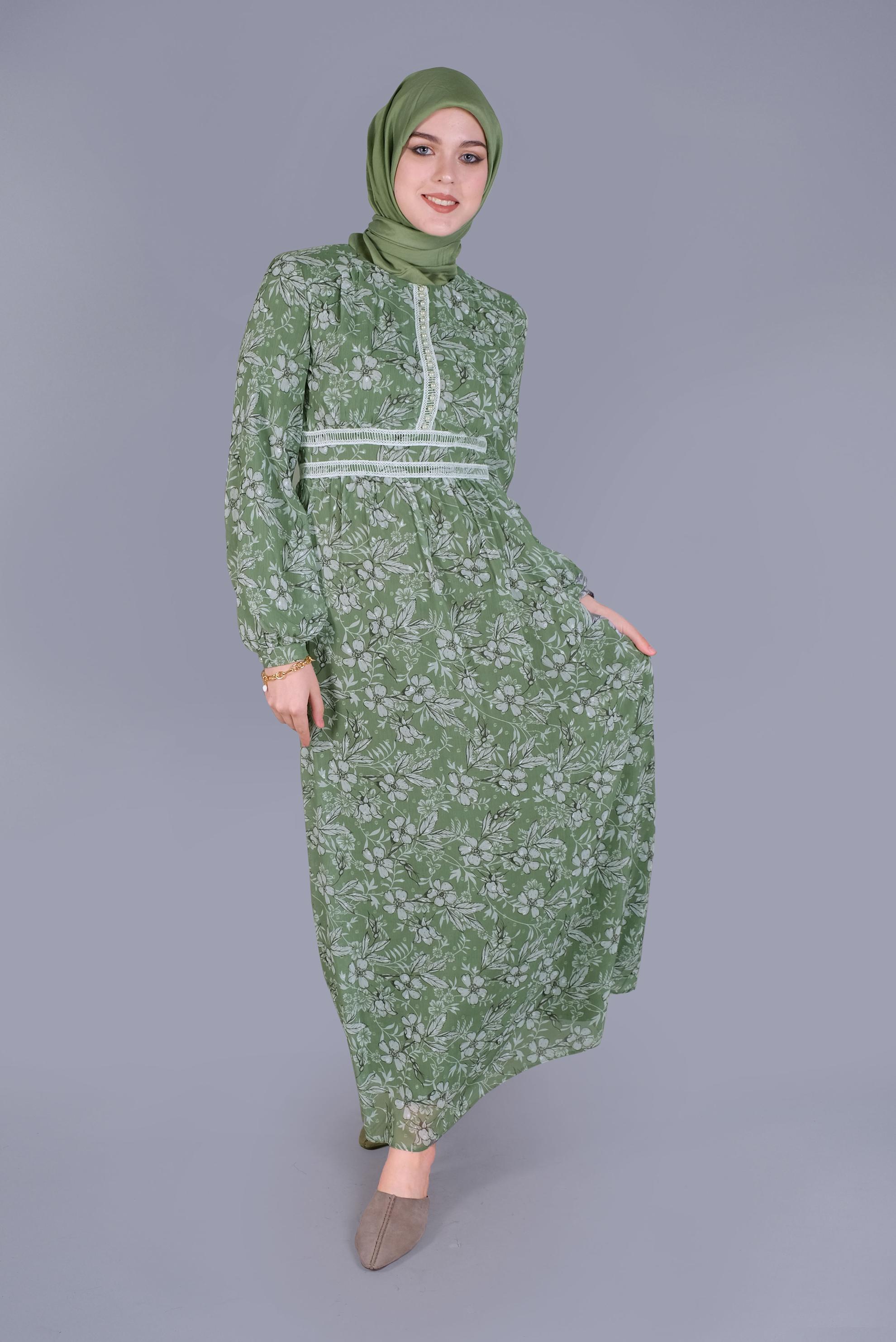 Tesettür giyim YEŞİL DANTEL EMPİRME ÇİÇEKLİ ELBİSE 41553 
