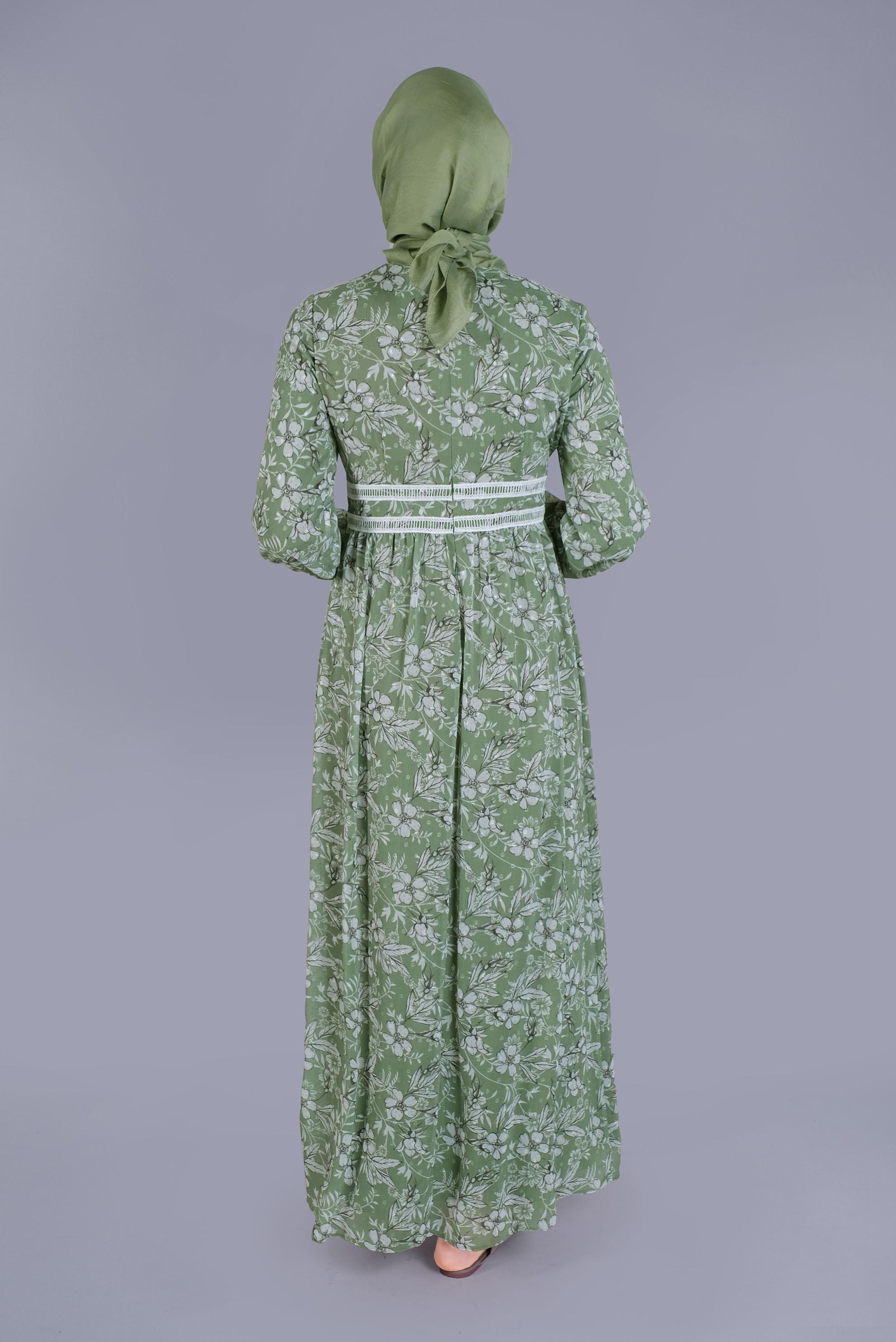 Tesettür giyim YEŞİL DANTEL EMPİRME ÇİÇEKLİ ELBİSE 41553 