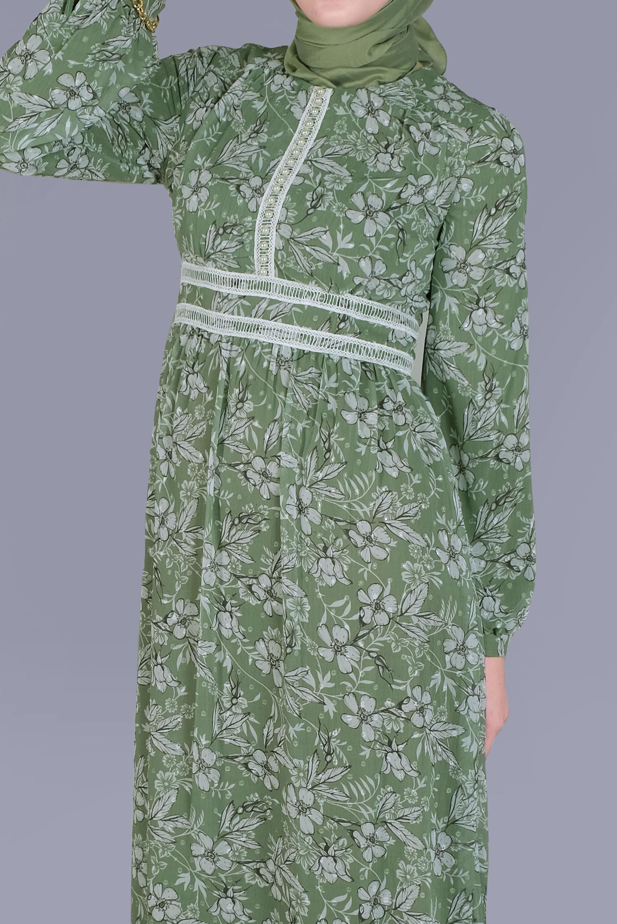 Tesettür giyim YEŞİL DANTEL EMPİRME ÇİÇEKLİ ELBİSE 41553 