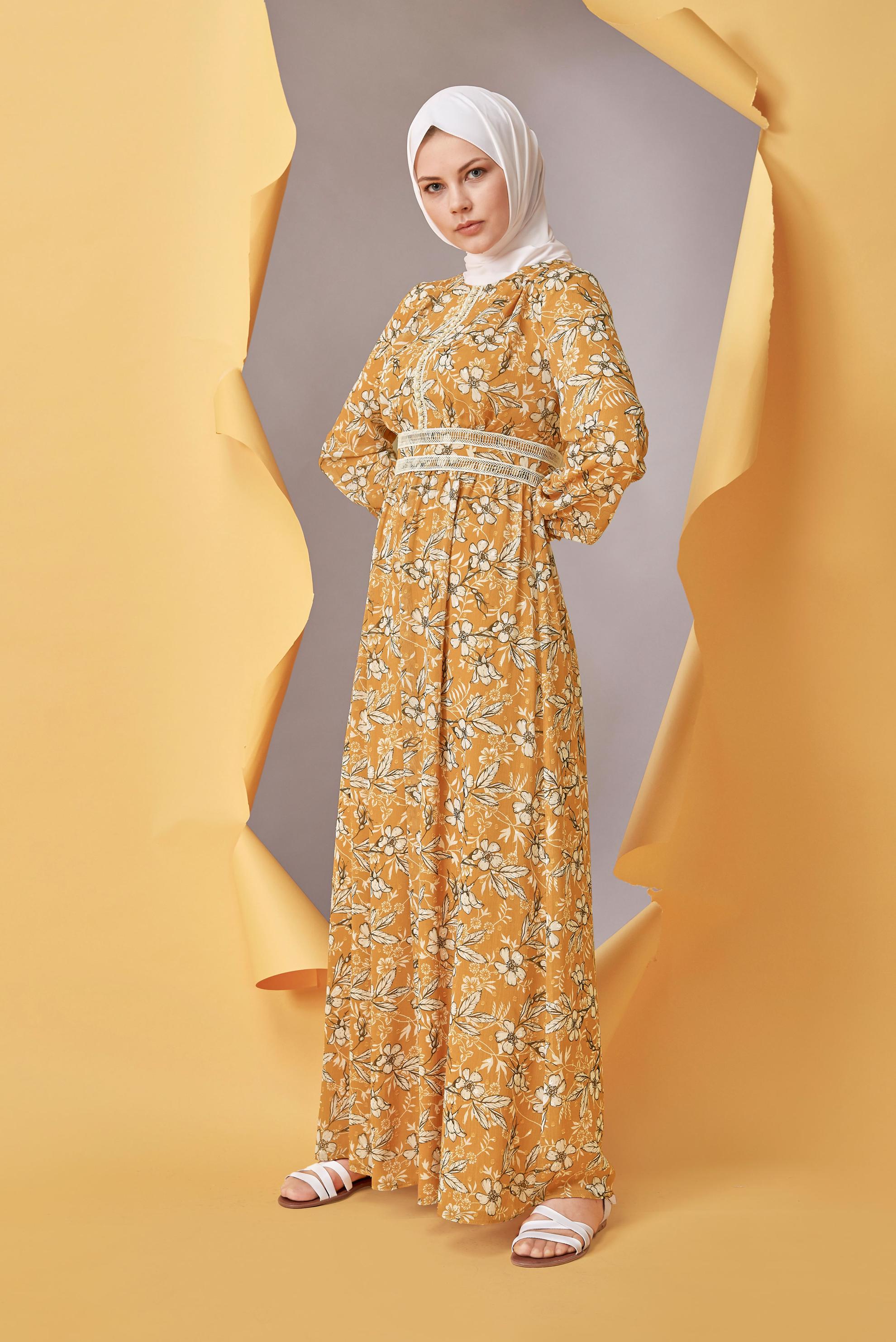 Tesettür giyim SARI DANTEL EMPİRME ÇİÇEKLİ ELBİSE 41553 