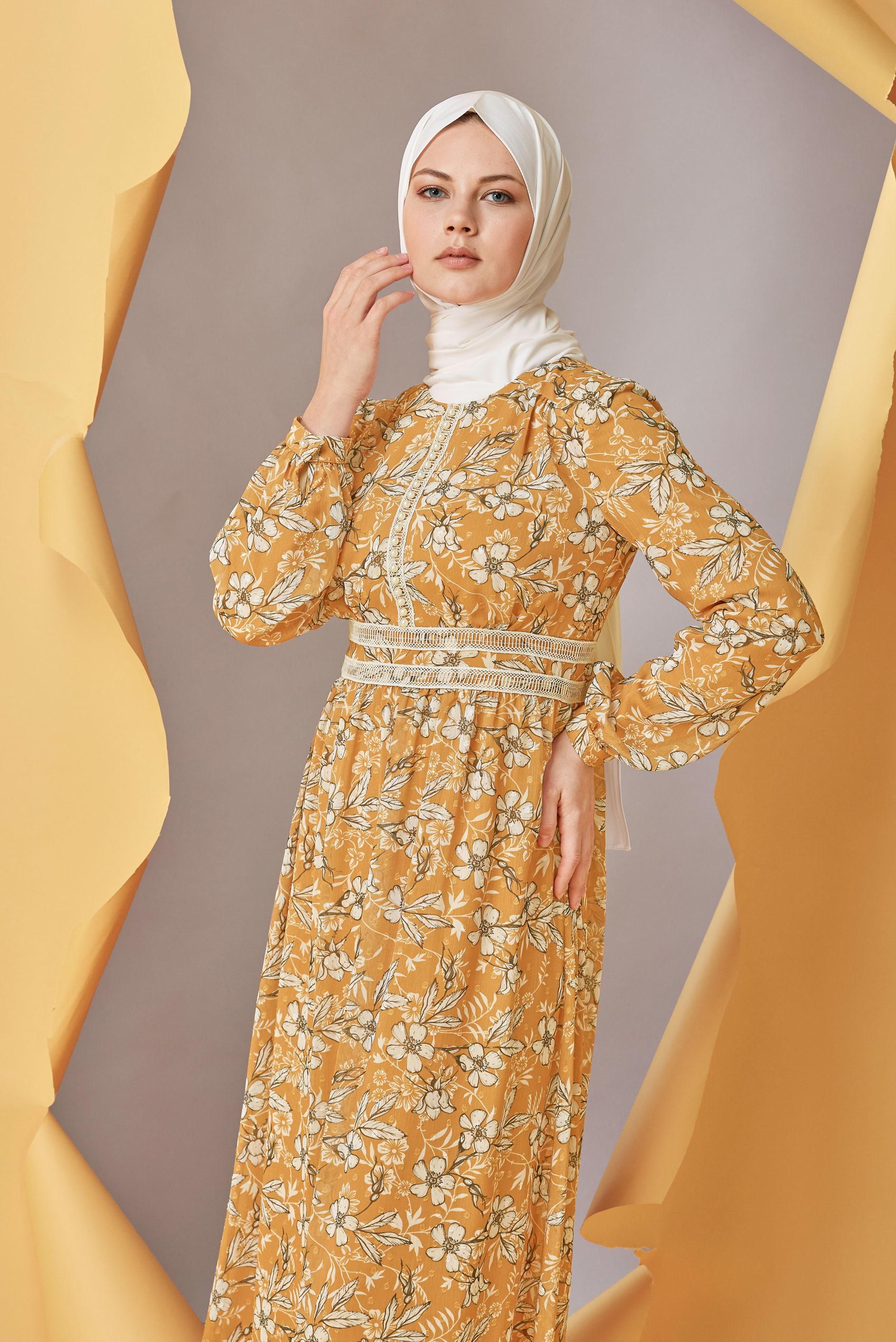 Tesettür giyim SARI DANTEL EMPİRME ÇİÇEKLİ ELBİSE 41553 