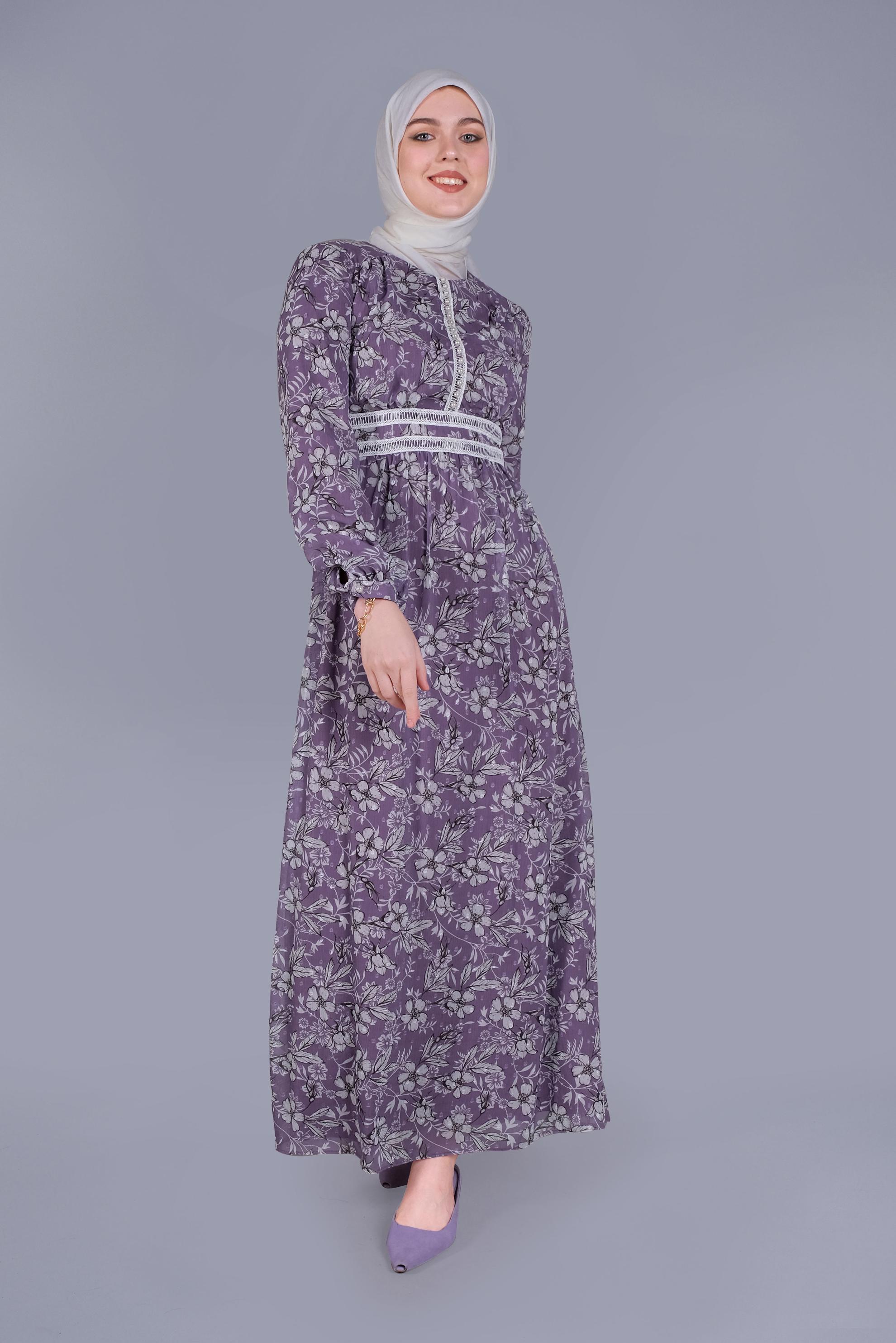 Tesettür giyim MOR DANTEL EMPİRME ÇİÇEKLİ ELBİSE 41553 