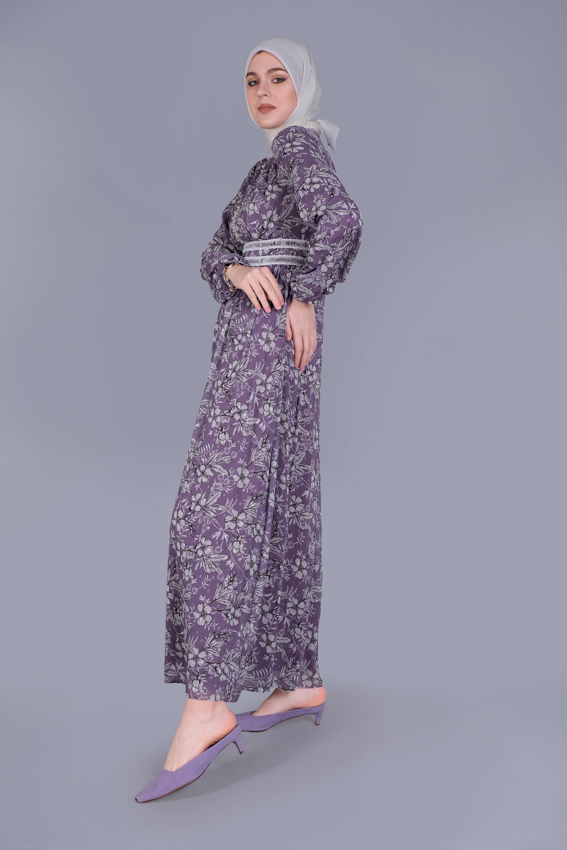 Tesettür giyim MOR DANTEL EMPİRME ÇİÇEKLİ ELBİSE 41553 