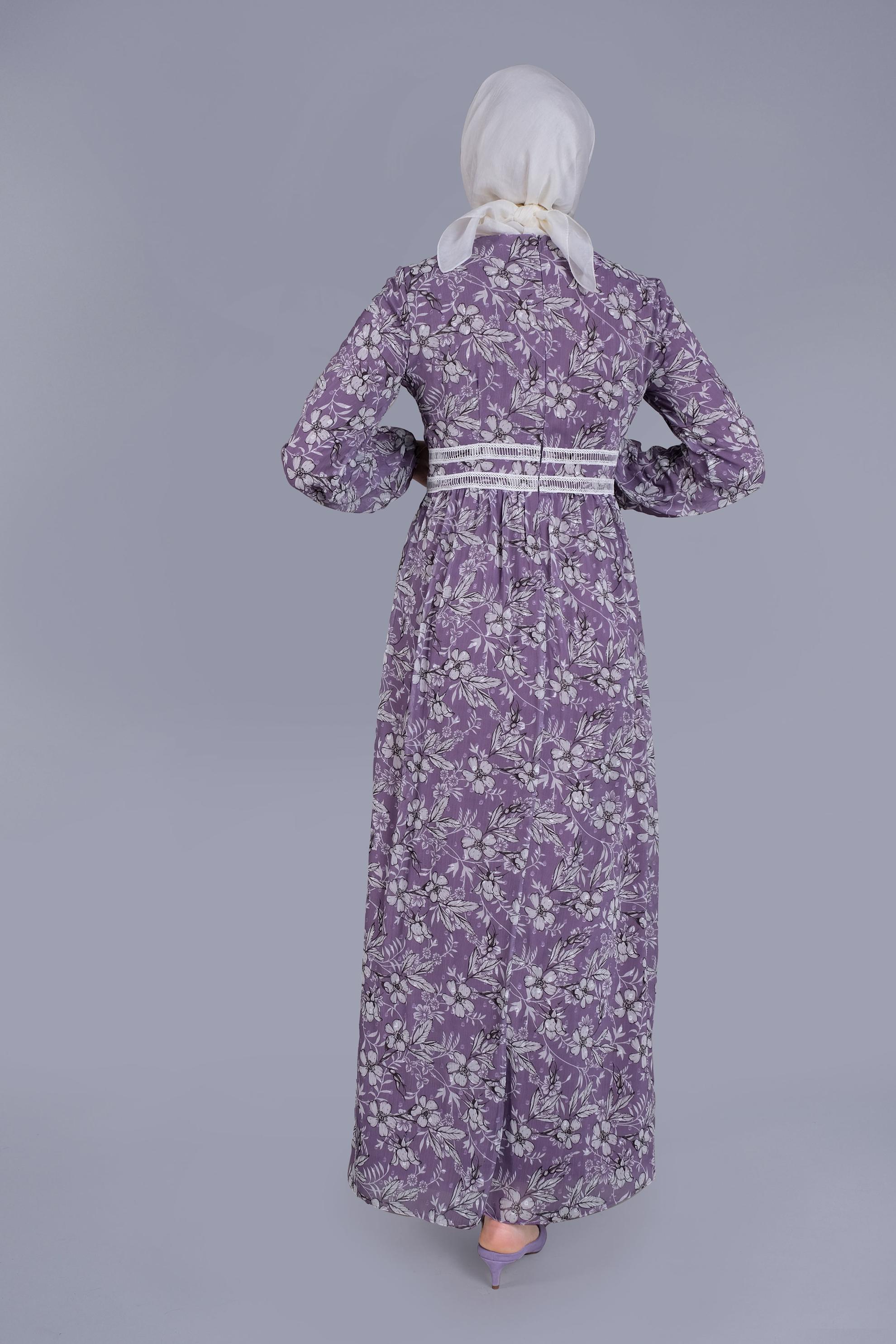 Tesettür giyim MOR DANTEL EMPİRME ÇİÇEKLİ ELBİSE 41553 