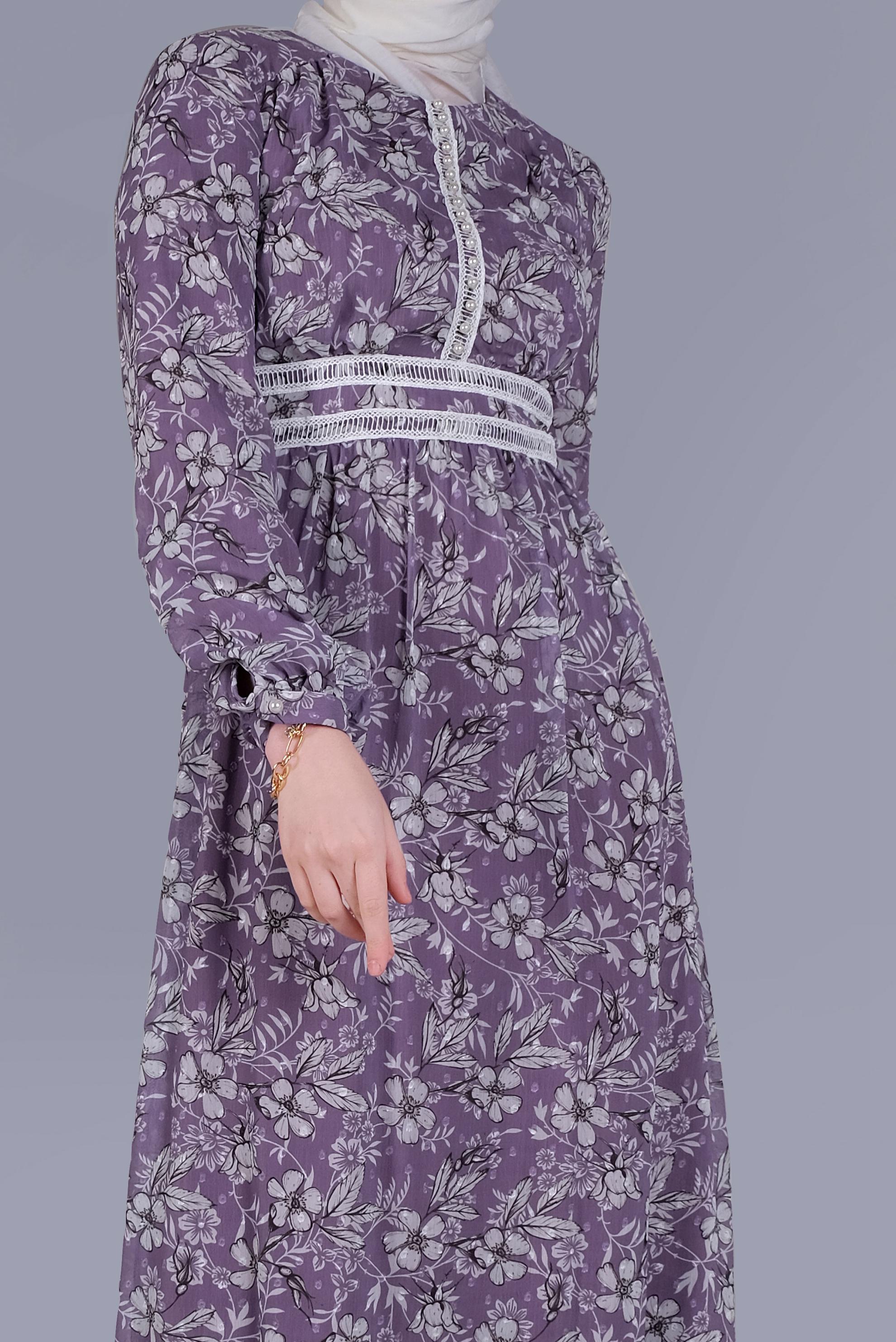 Tesettür giyim MOR DANTEL EMPİRME ÇİÇEKLİ ELBİSE 41553 