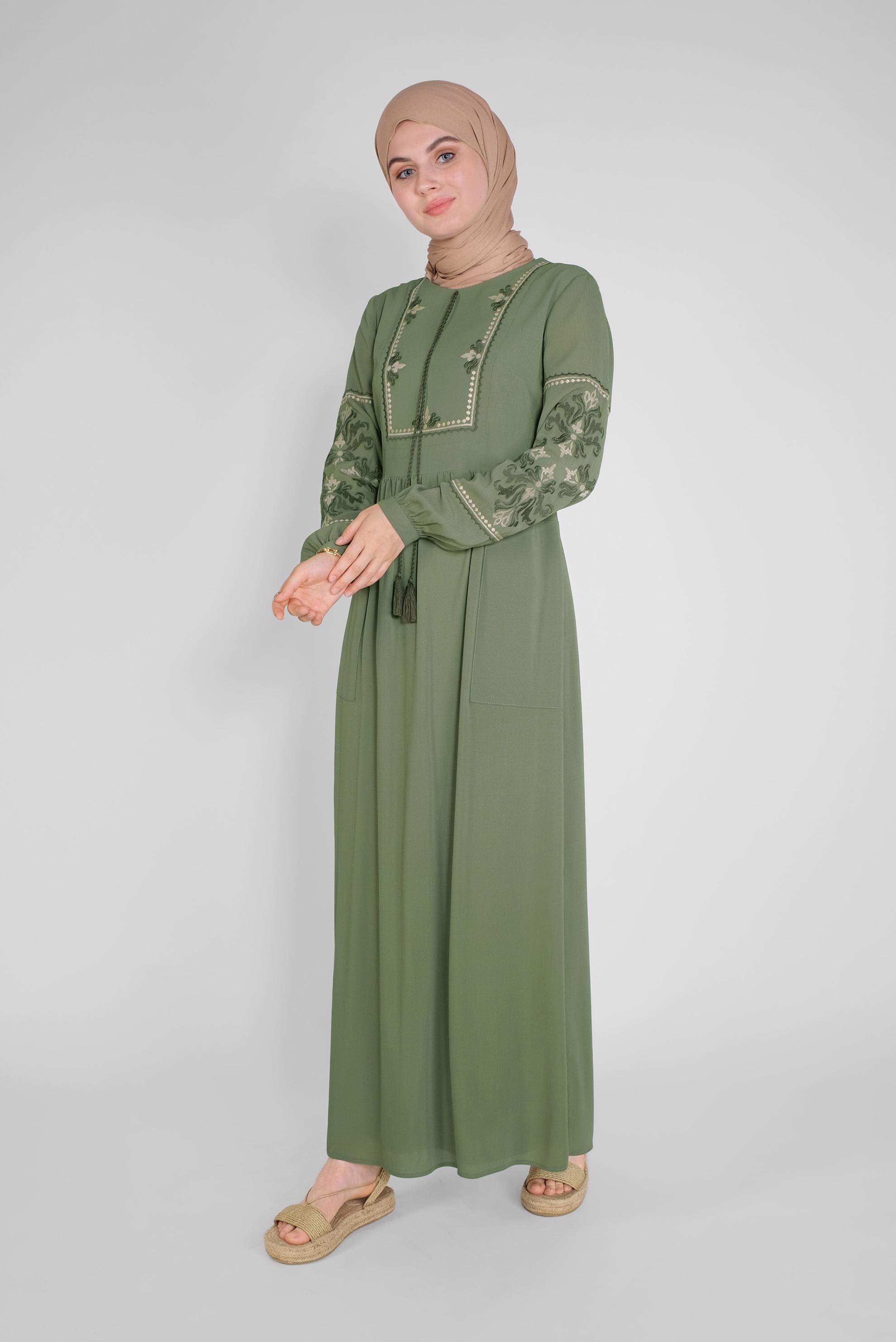 Tesettür giyim HAKİ NAKIŞ DETAYLI ELBİSE 41554