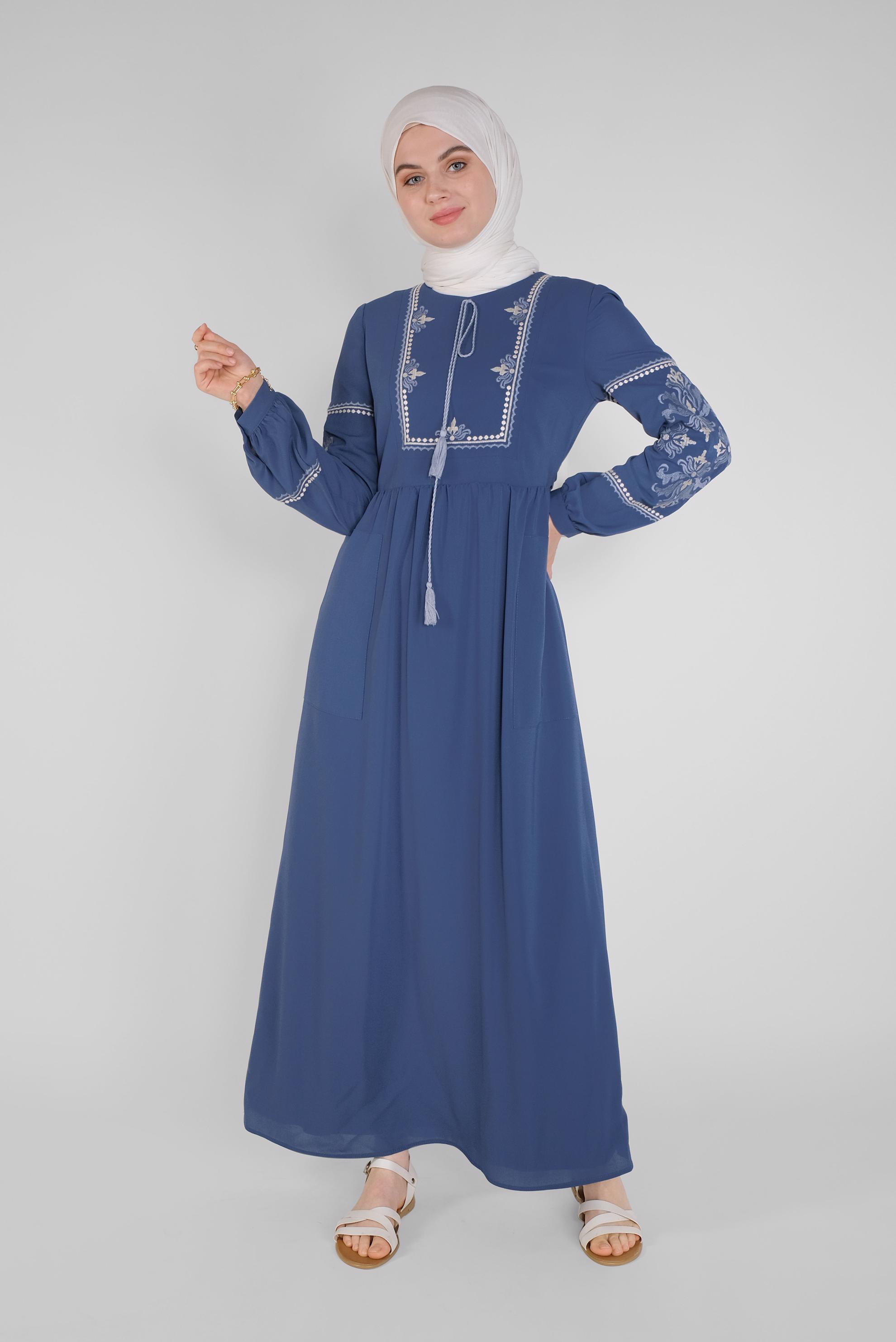 Tesettür giyim LACİVERT NAKIŞ DETAYLI ELBİSE 41554